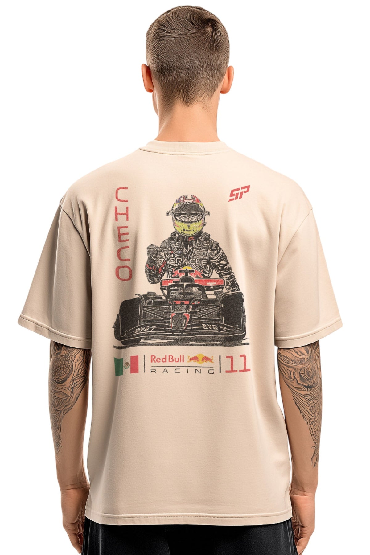 Beige t-shirt with Red Bull Racing graphic on a white background