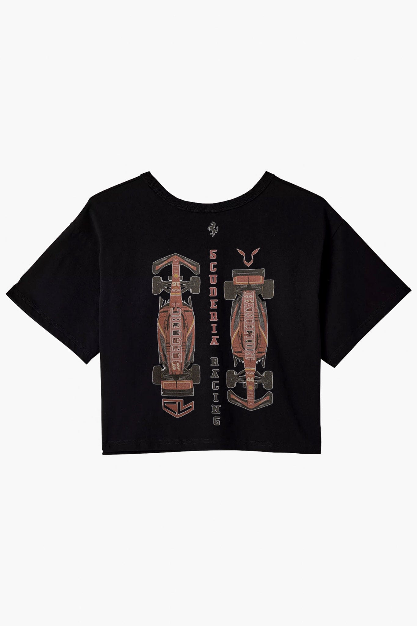 Back of a black cropped graphic tee, showcasing Utmost Province Scuderia Ferrari inspired design.