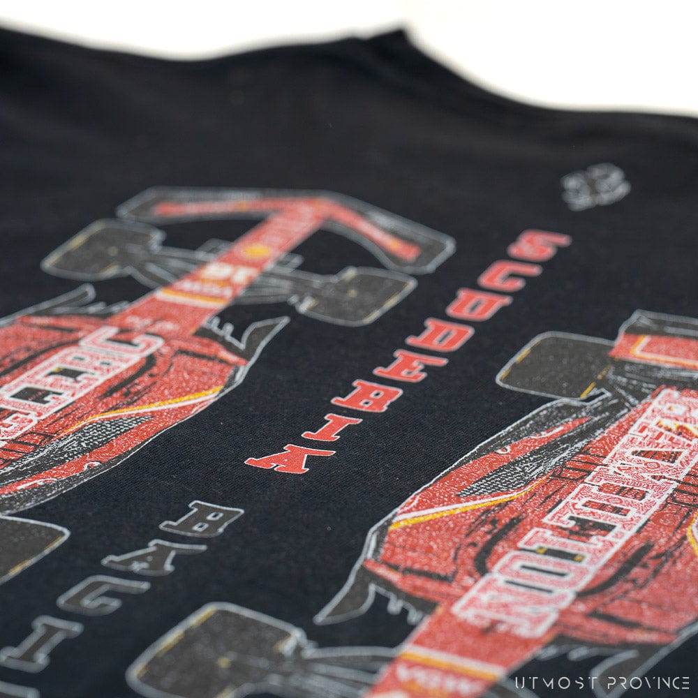 Black Ferrari F1 inspired t-shirt, showcasing the design on the back of Utmost Province's graphic tees.
