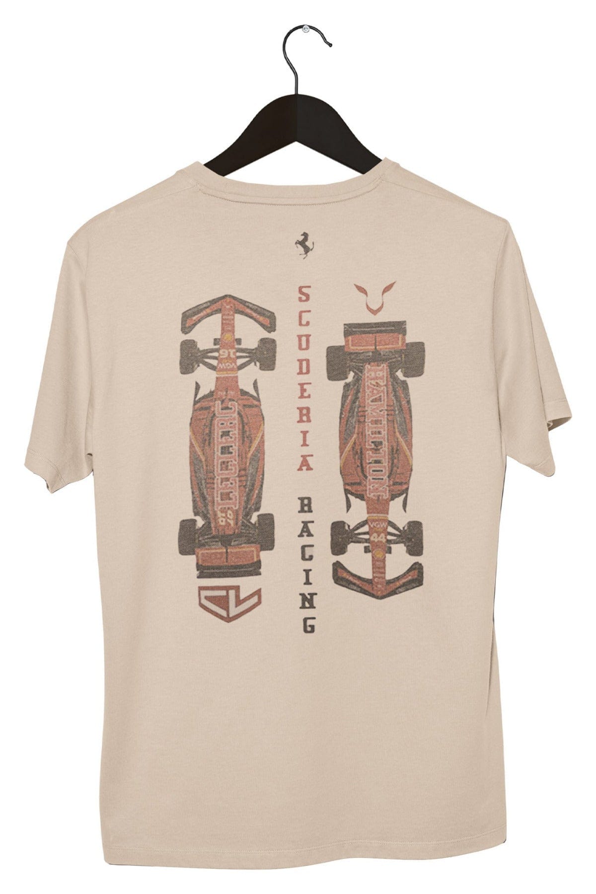 Back of a Ivory Comfort Colors shirt, featuring Utmost Province custom Scuderia Ferrari graphic design.