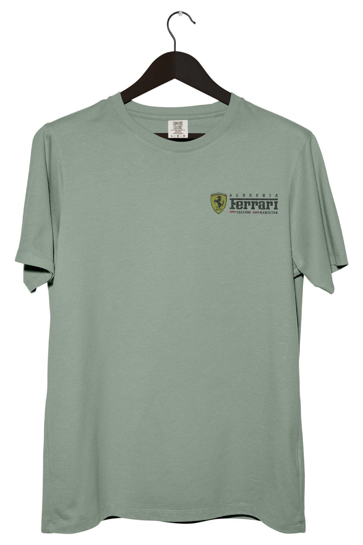 Front of a Bay colored Comfort Colors shirt, feauring a graphic design inspired by Lewis Hamilton & Charles Leclerc.