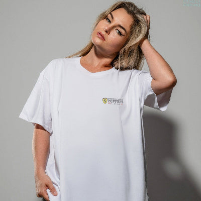 Model wearing a handmade F1 shirt, showcasing Utmost Province's Formula 1-inspired graphic tees collection.