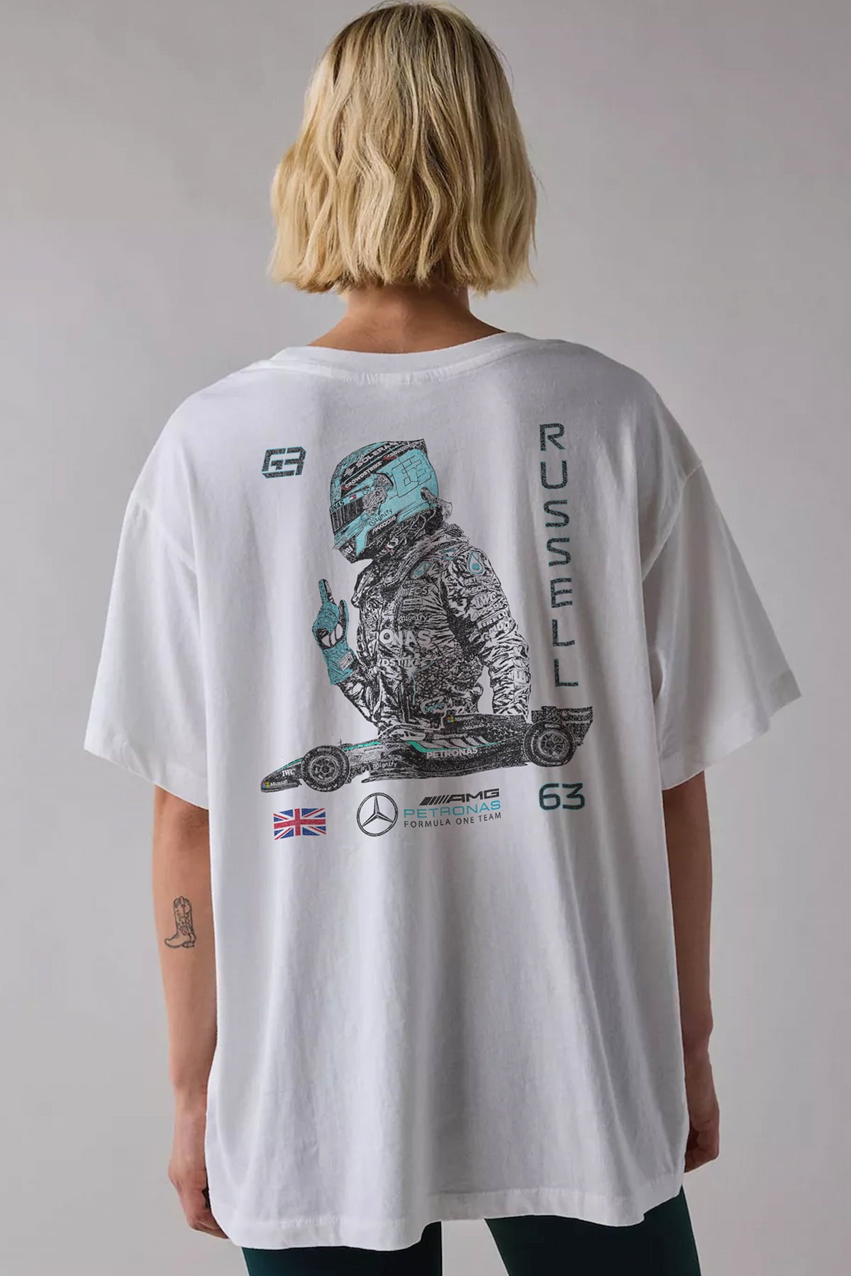 Model in a Utmost Province George Russell inspired shirt, showcasing the back design on a white cotton tee.