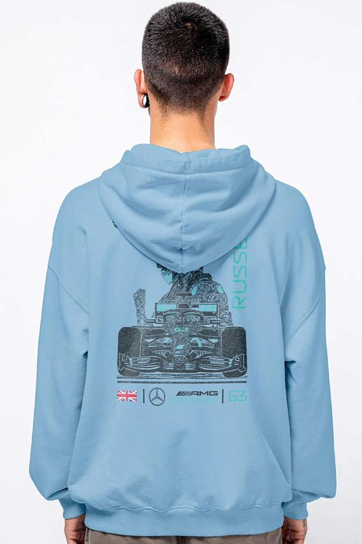 Model wearing Utmost Province F1 hoodie inspired by George Russell, showcasing the graphic design on the back of the Formula 1 inspired hoodie.