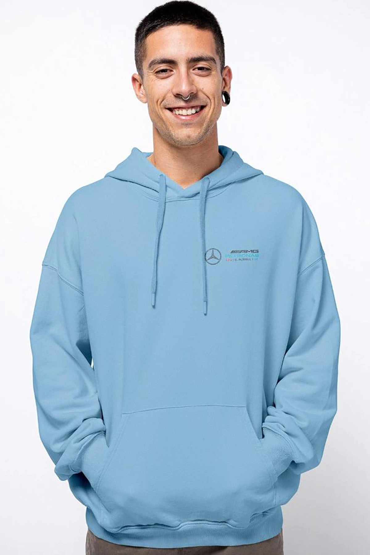 Model wearing Utmost Province Mercedes hoodie, showcasing the front graphic design on the F1 hoodie.