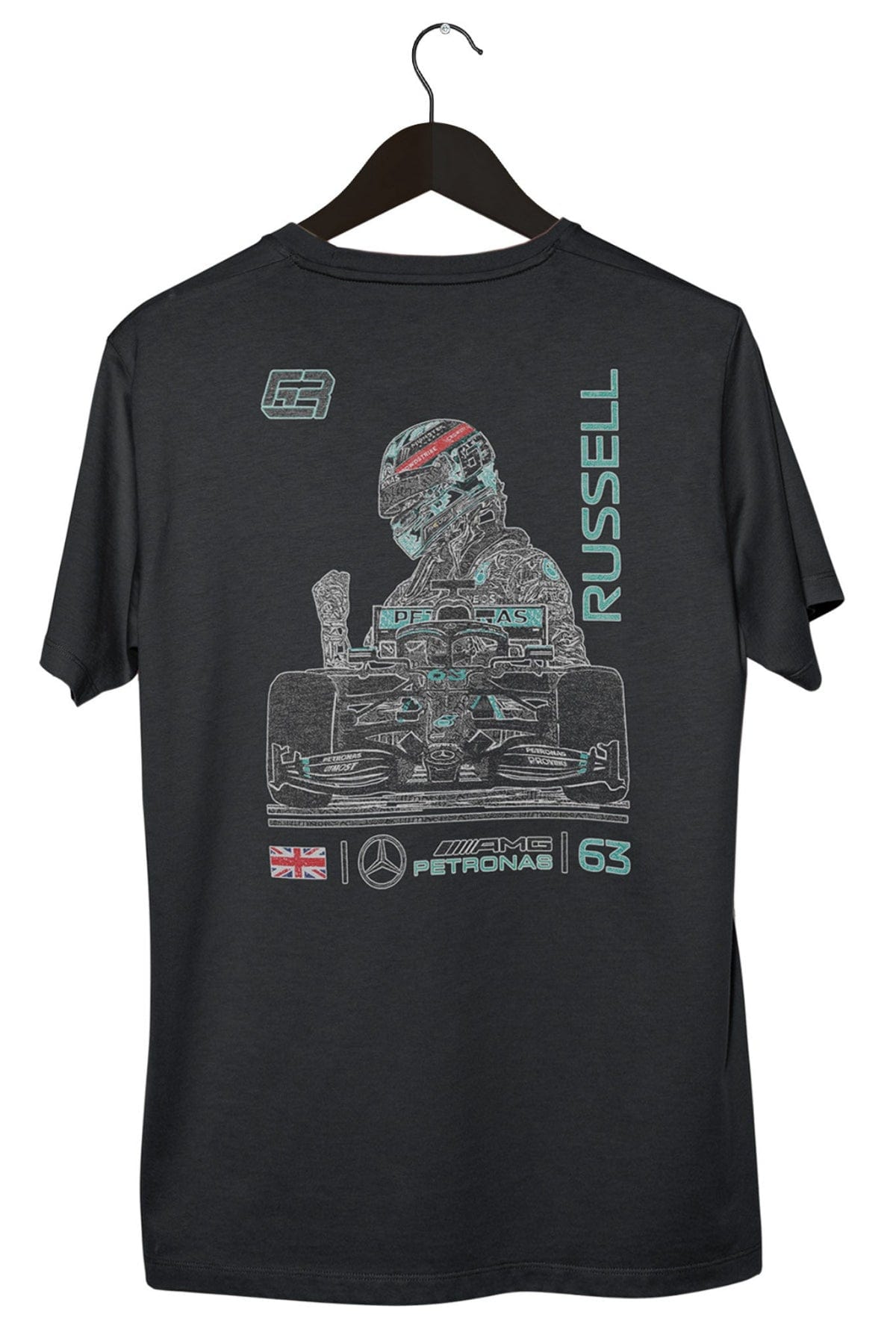 Back of a custom George Russell Shirt designed by Utmost Province, showcasing the unique graphic design on a Black Comfort Colors t-shirt.