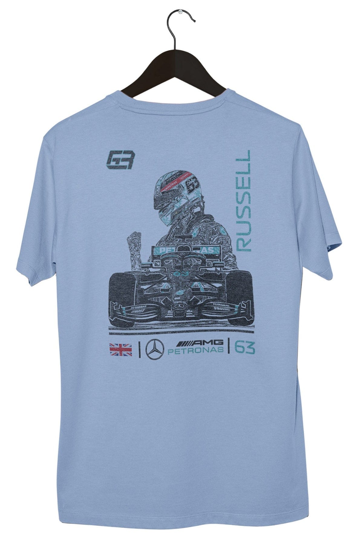 Back of a custom George Russell Shirt designed by Utmost Province, showcasing the unique graphic design on a Chambray Comfort Colors t-shirt.