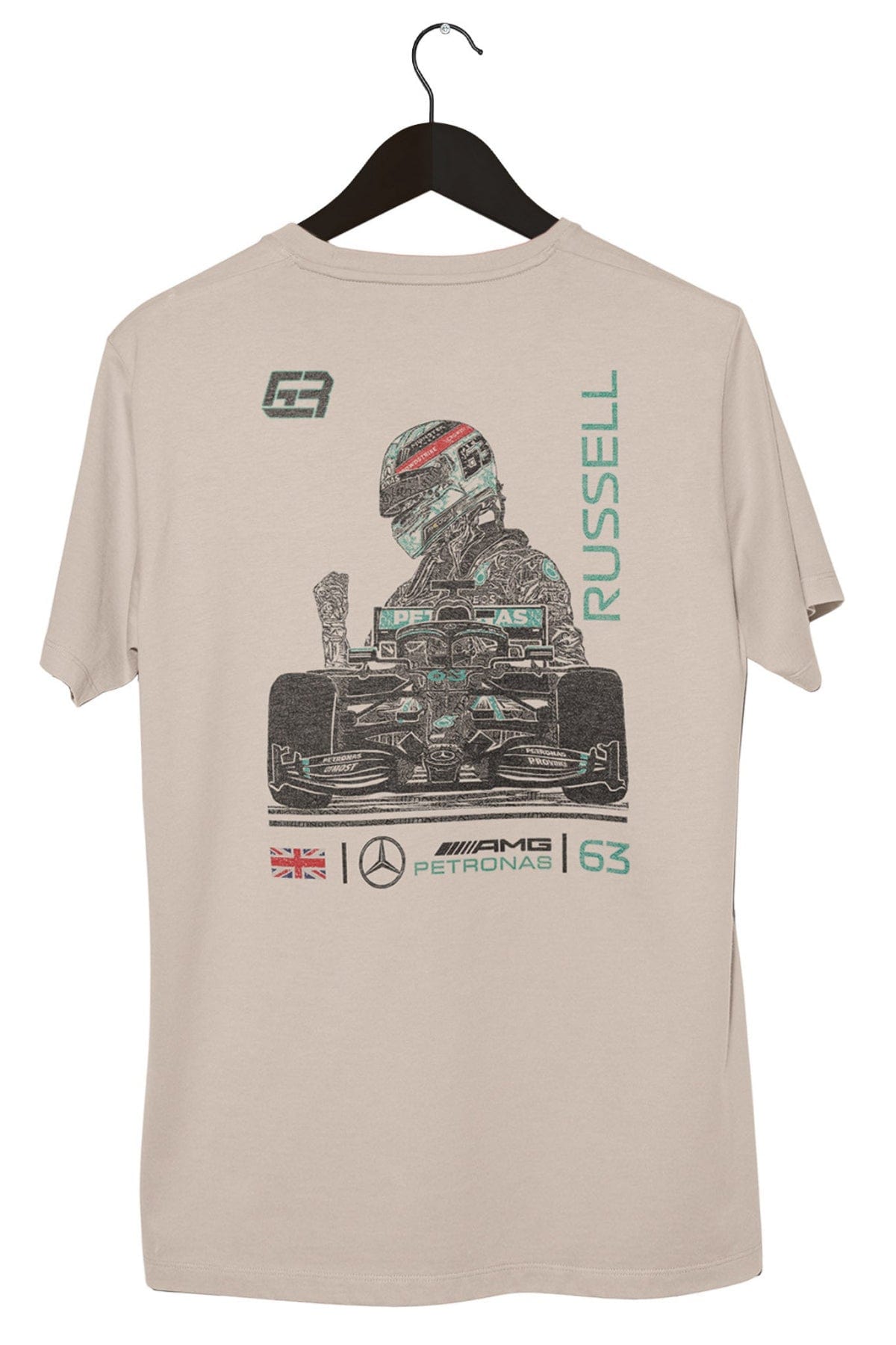 Back of a custom George Russell Shirt designed by Utmost Province, showcasing the unique graphic design on a Ivory Comfort Colors t-shirt.