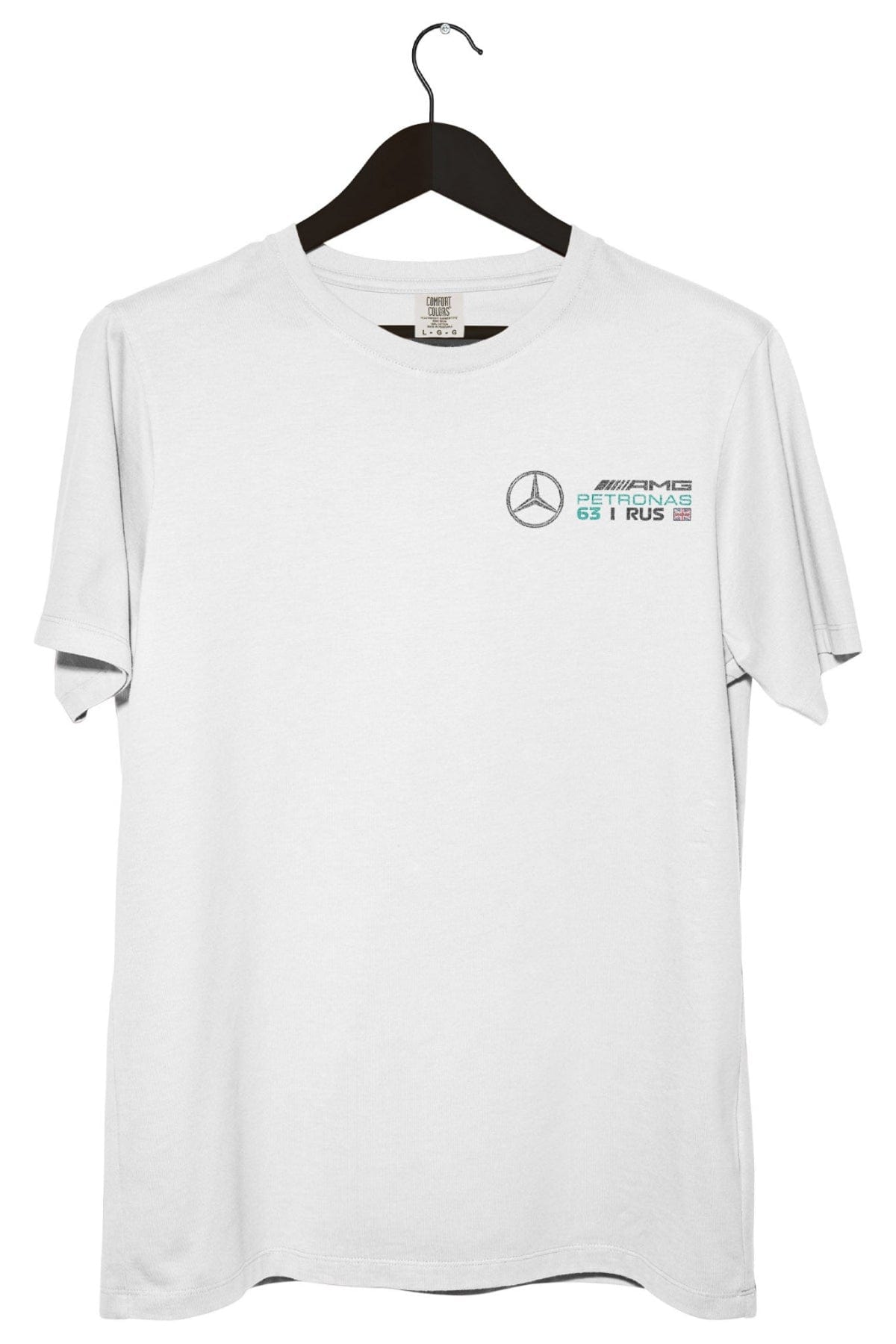 Front of a white Comfort Colors shirt featuring Utmost Province's custom Mercedes F1 Racing logo..