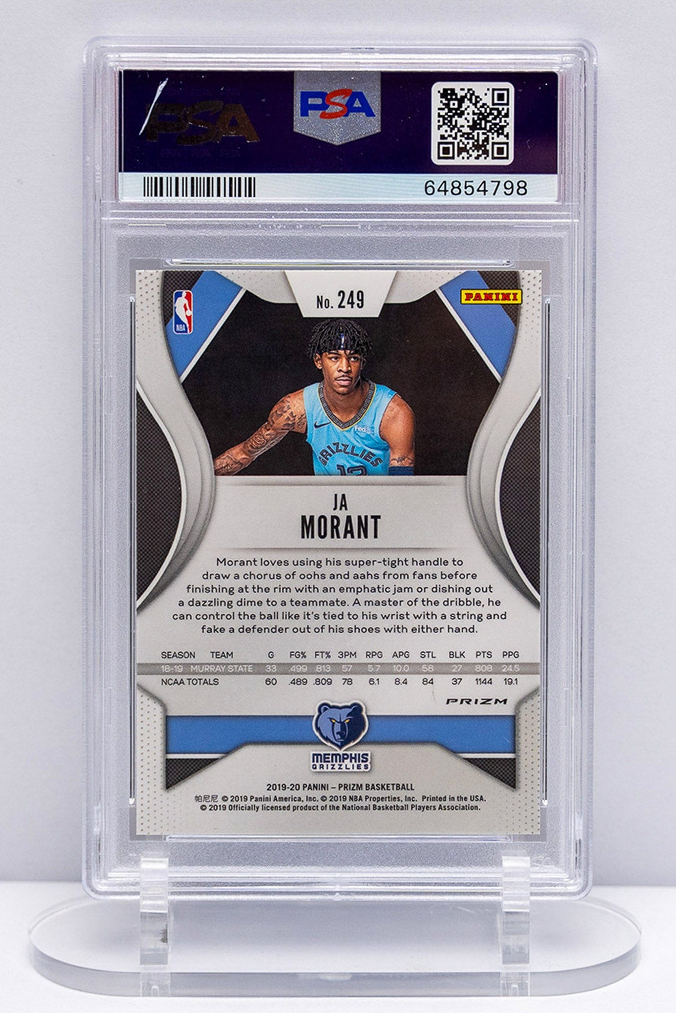 Back of Ja Morant's Prizm Green rookie card with a white background.