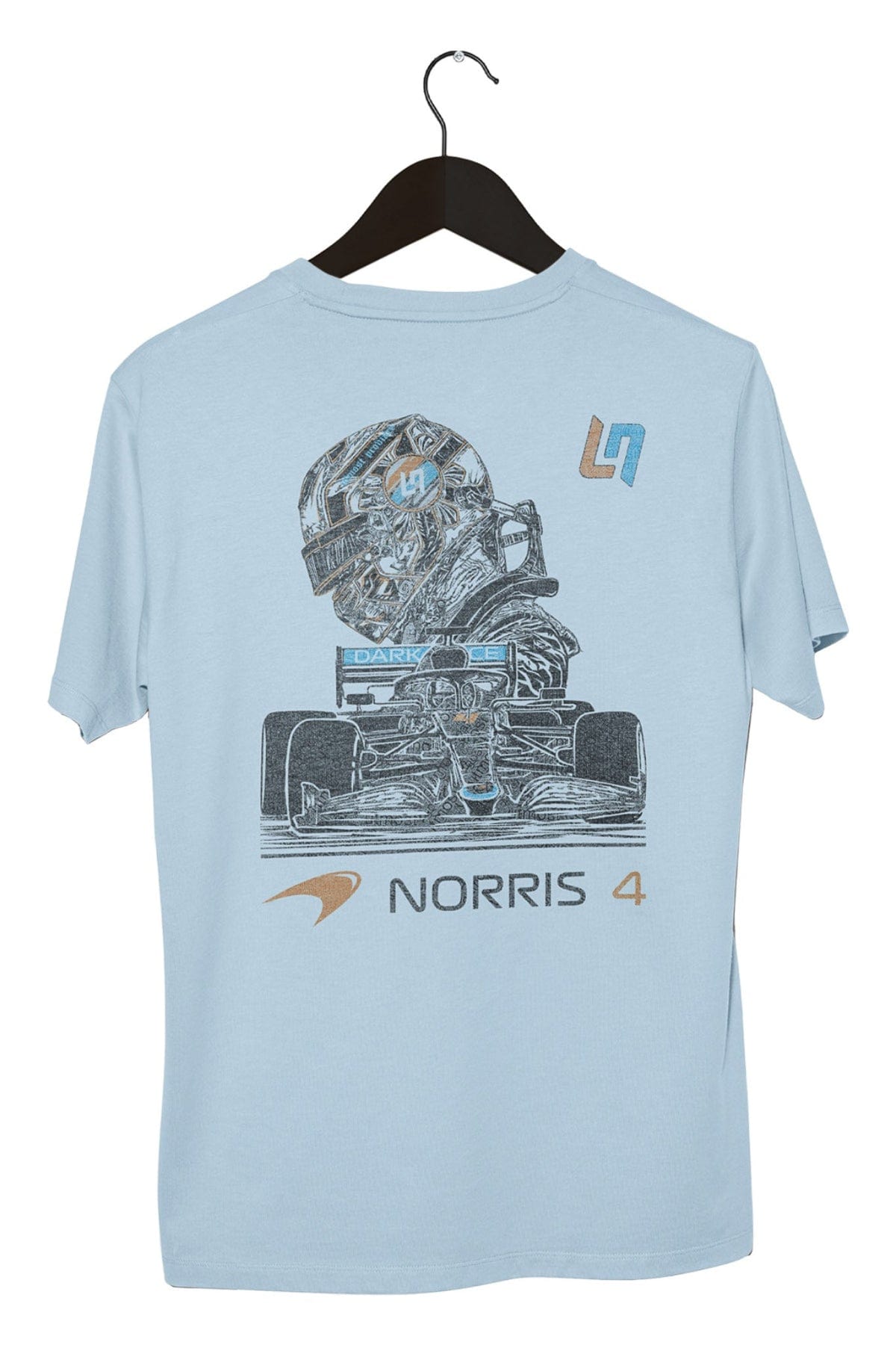 Lando Norris F1 Mclaren T Shirt on a black hanger with a white background.