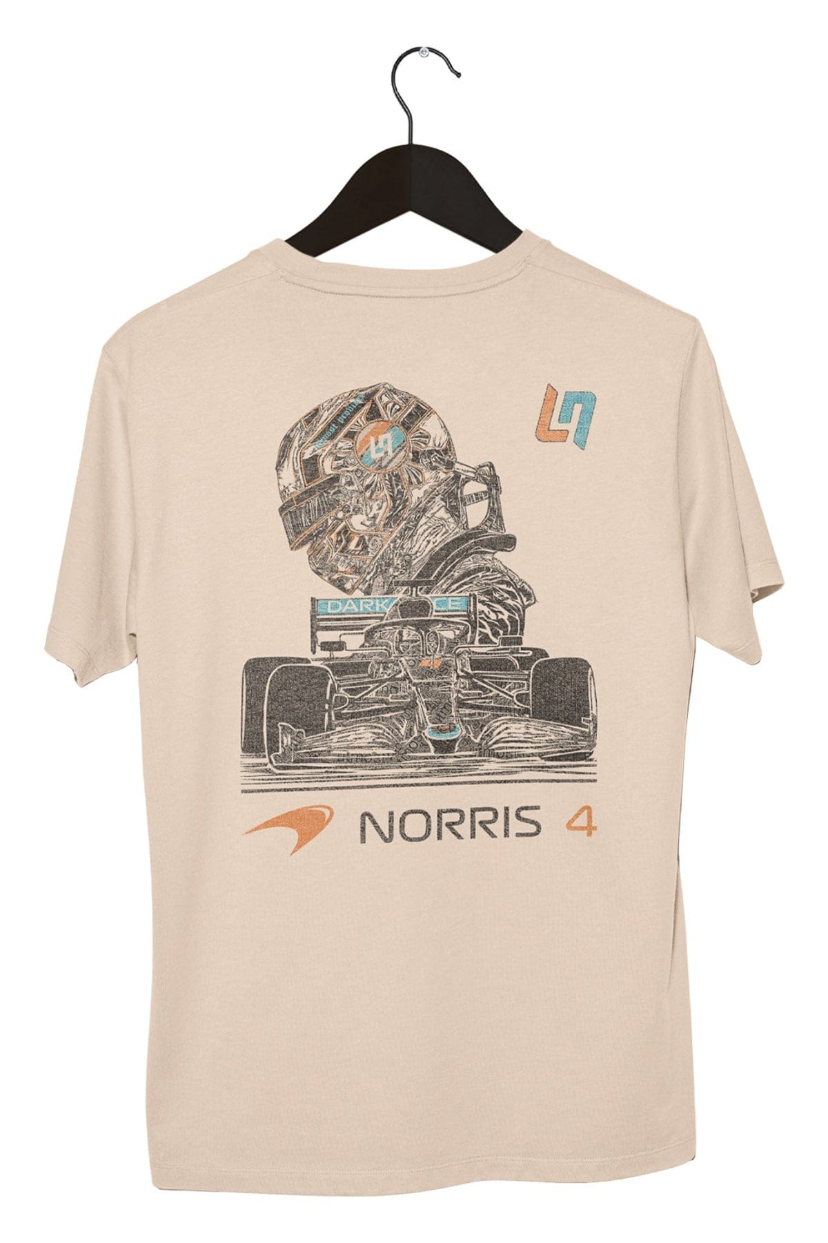 Custom Lando Norris Shirt on a hanger, showing the custom design printed on a Ivory Comfort Colors tt-shirt.