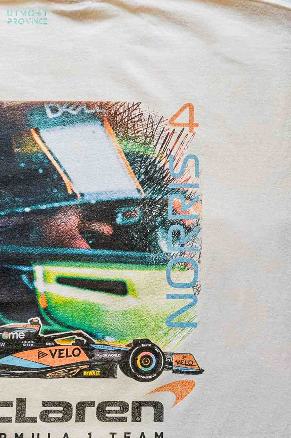 Utmost Province Lando Norris merch laid flat on a table, highlighting the graphic design on the back of the Mclaren F1 merch for men and women.
