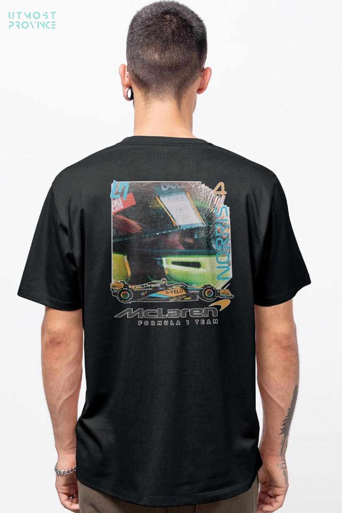 Model wearing Utmost Province Mclaren F1 retro t shirt, showcasing the exclusive custom graphic design on the back of the Lando Norris inspired merch.