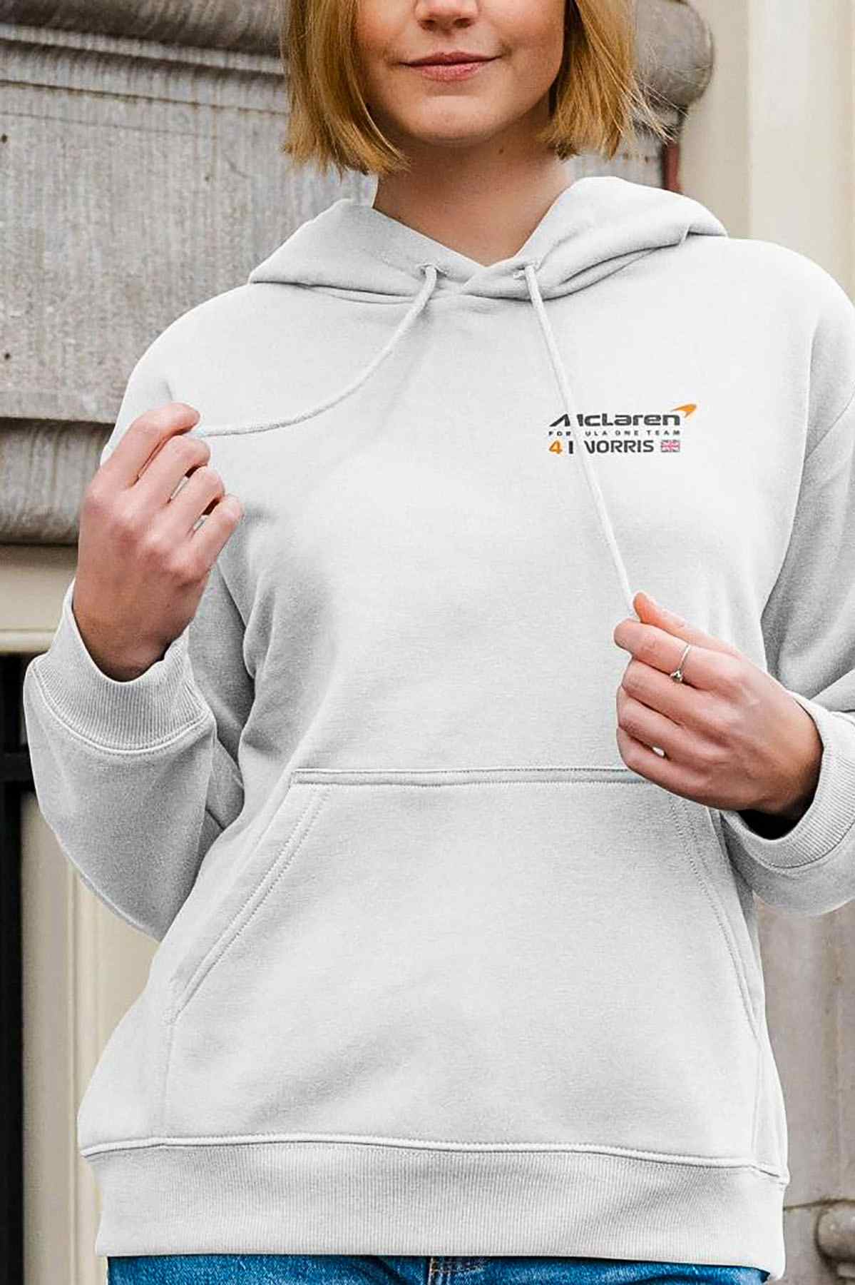 Model wearing Utmost Province Mclaren F1 hoodie, showcasing the graphic design on the front of the Formula 1 hoodie for men and women.