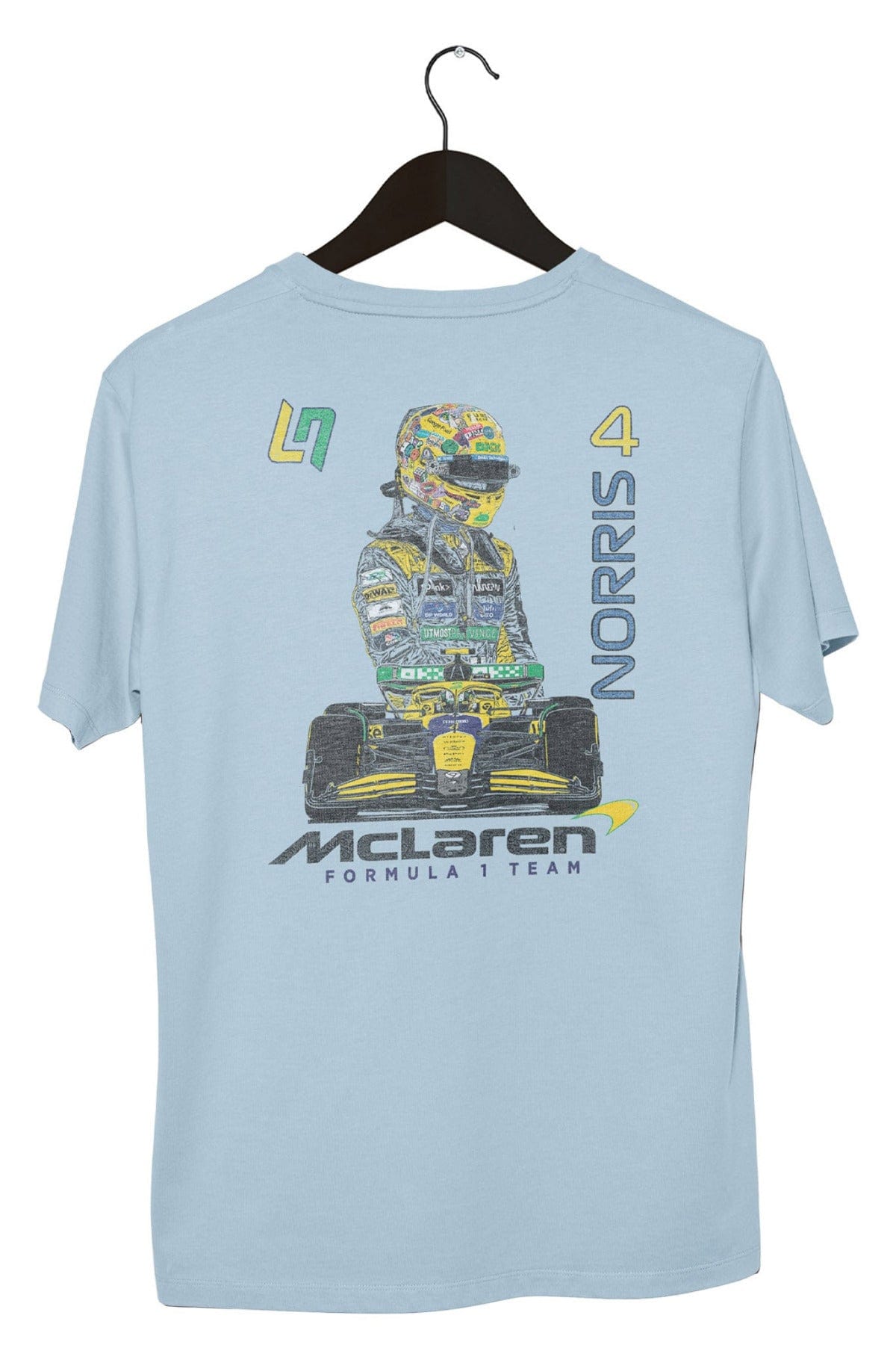 Back of a chambray colored custom Mclaren shirt with a white background.