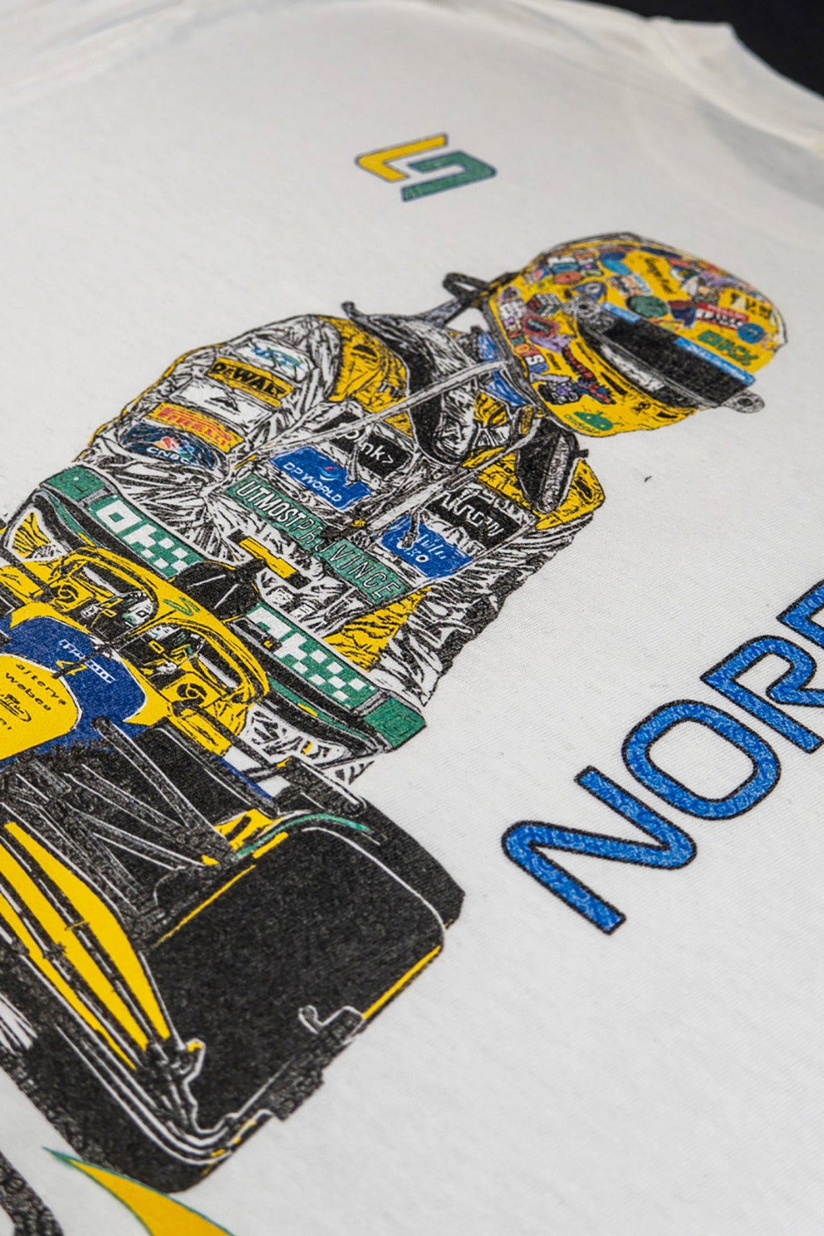 Close up of Utmost Province custom Lando Norris Mclaren shirt.