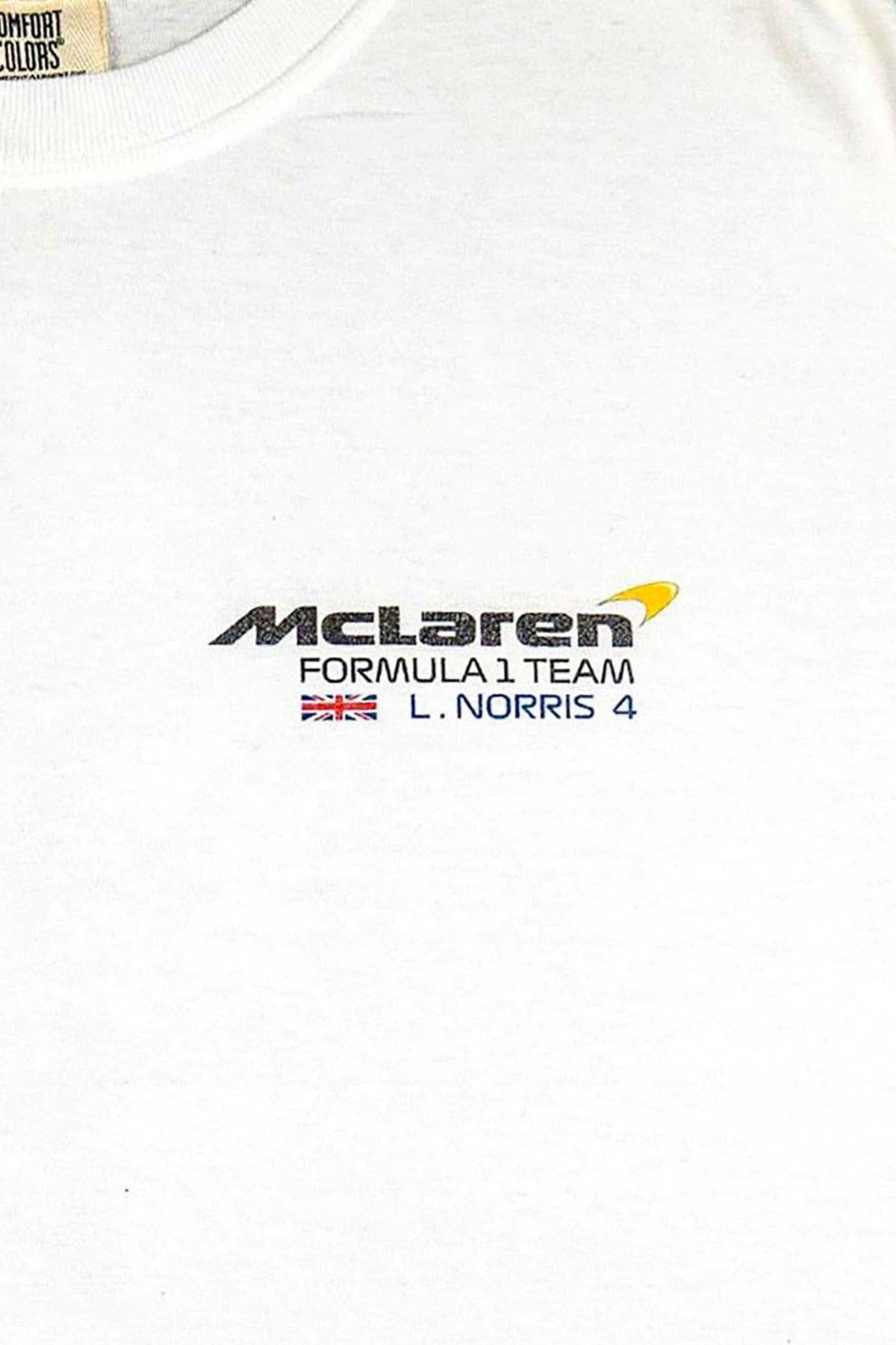 Close up of the front of Utmost Province custom Mclaren shirt inspired by Lando Norris.