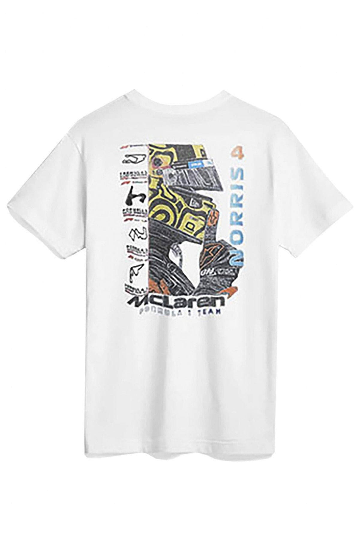 Back of a white Supima cotton t-shirt, showcasing Utmost Province graphic design inspired by Lando Norris.