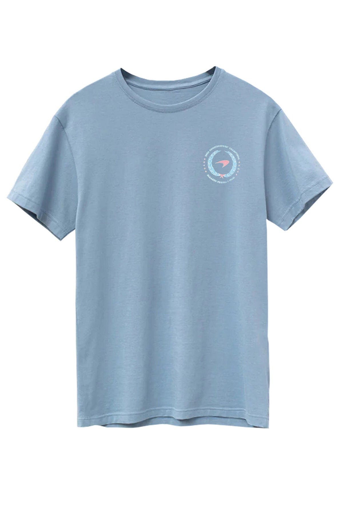 Front of a Cloudy Blue Supima cotton t-shirt, featuring Utmost Province custom Mclaren Racing graphic design.