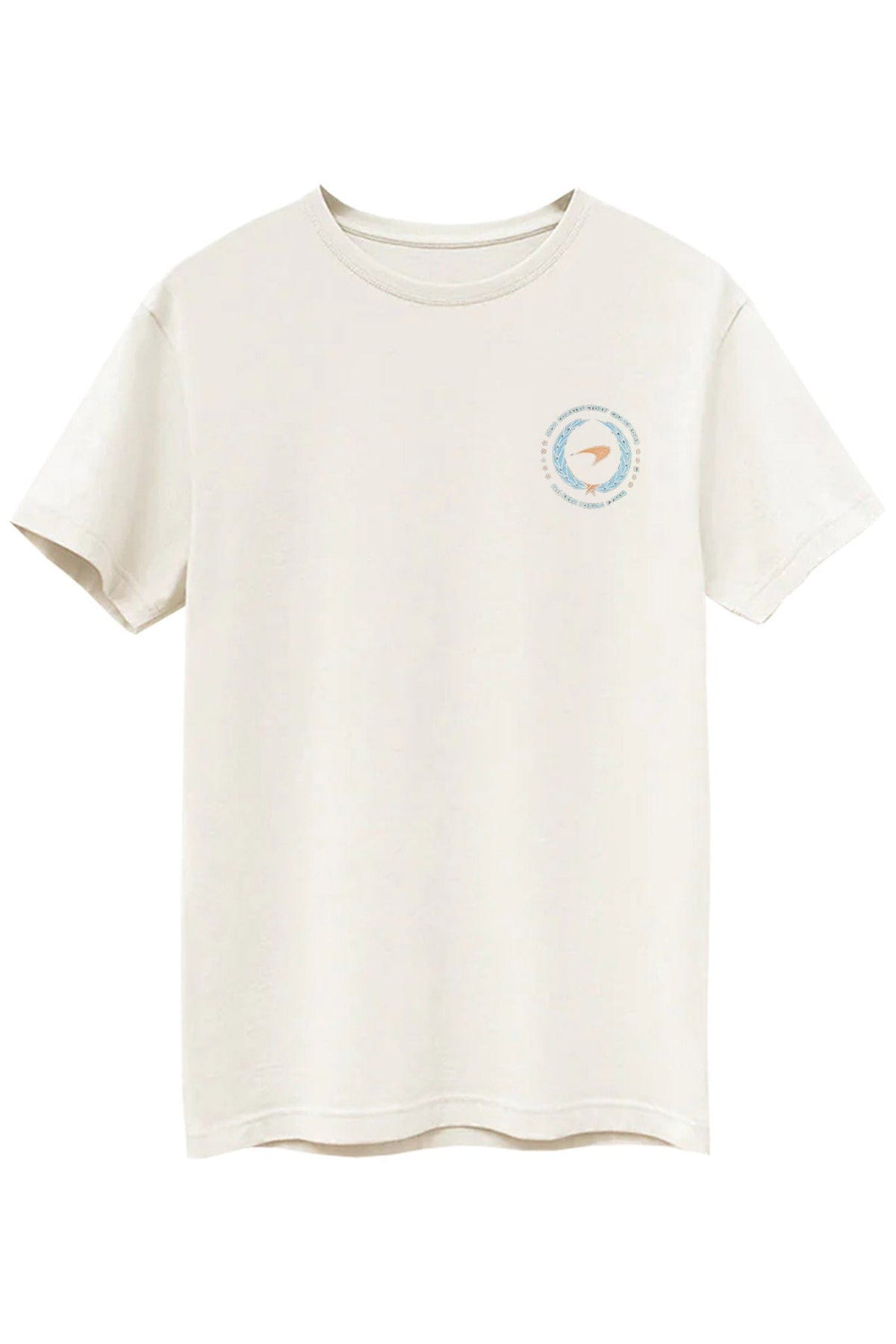 Front of a Natural Supima Cotton t shirt with a custom Mclaren logo designed by Utmost Province.