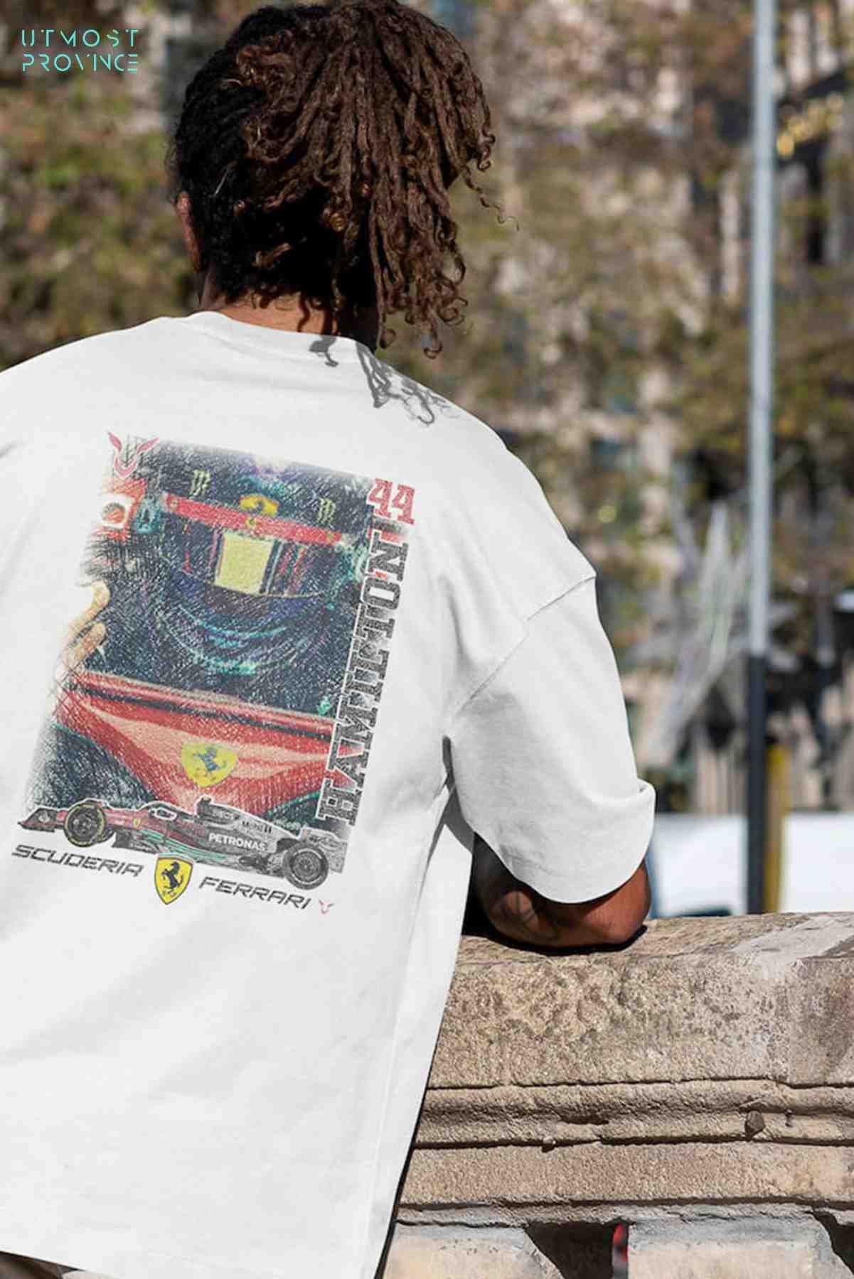 Model wearing Utmost Province Lewis Hamilton custom Ferrari shirt, showcasing the graphic design on the back of the Ferrari F1 merch.