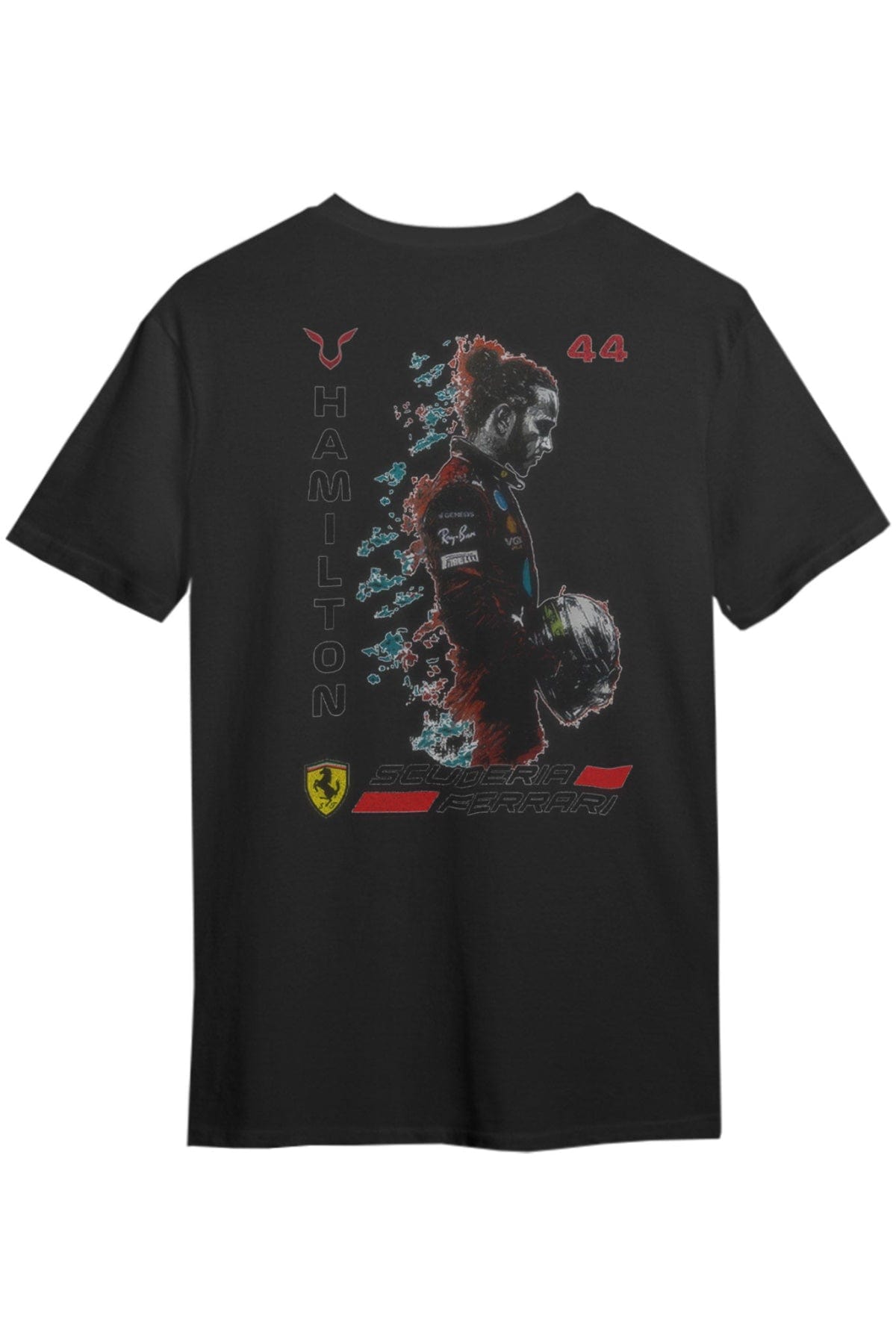 Black shirt featuring a graphic design inspired by Scuderia Ferrari.