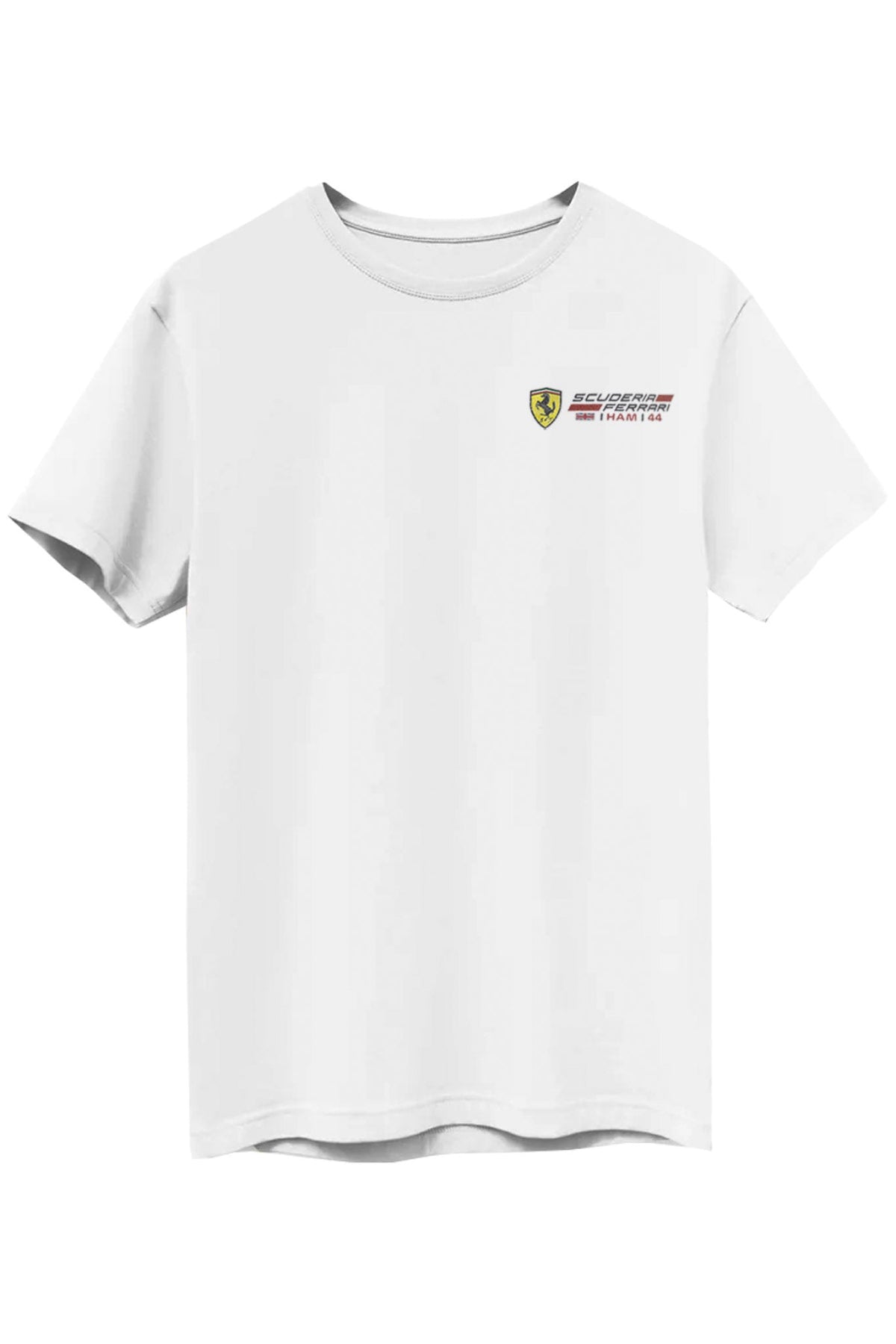 Front of a white Supima cotton t-shirt featuring a custom Ferrari-inspired logo on the front.