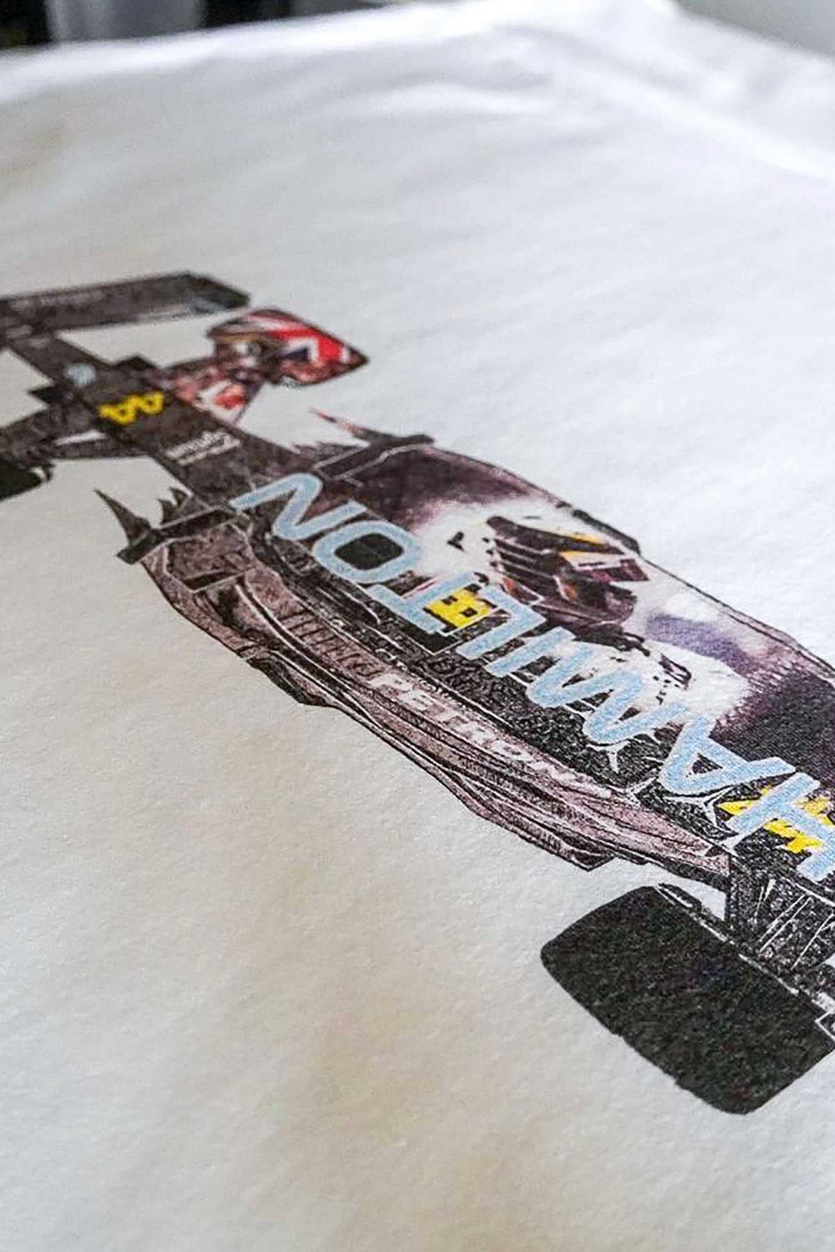 Custom Lewis Hamilton Mercedes F1 shirt, highlighting the details of the graphic design on the back of the Comfort Colors t-shirt.