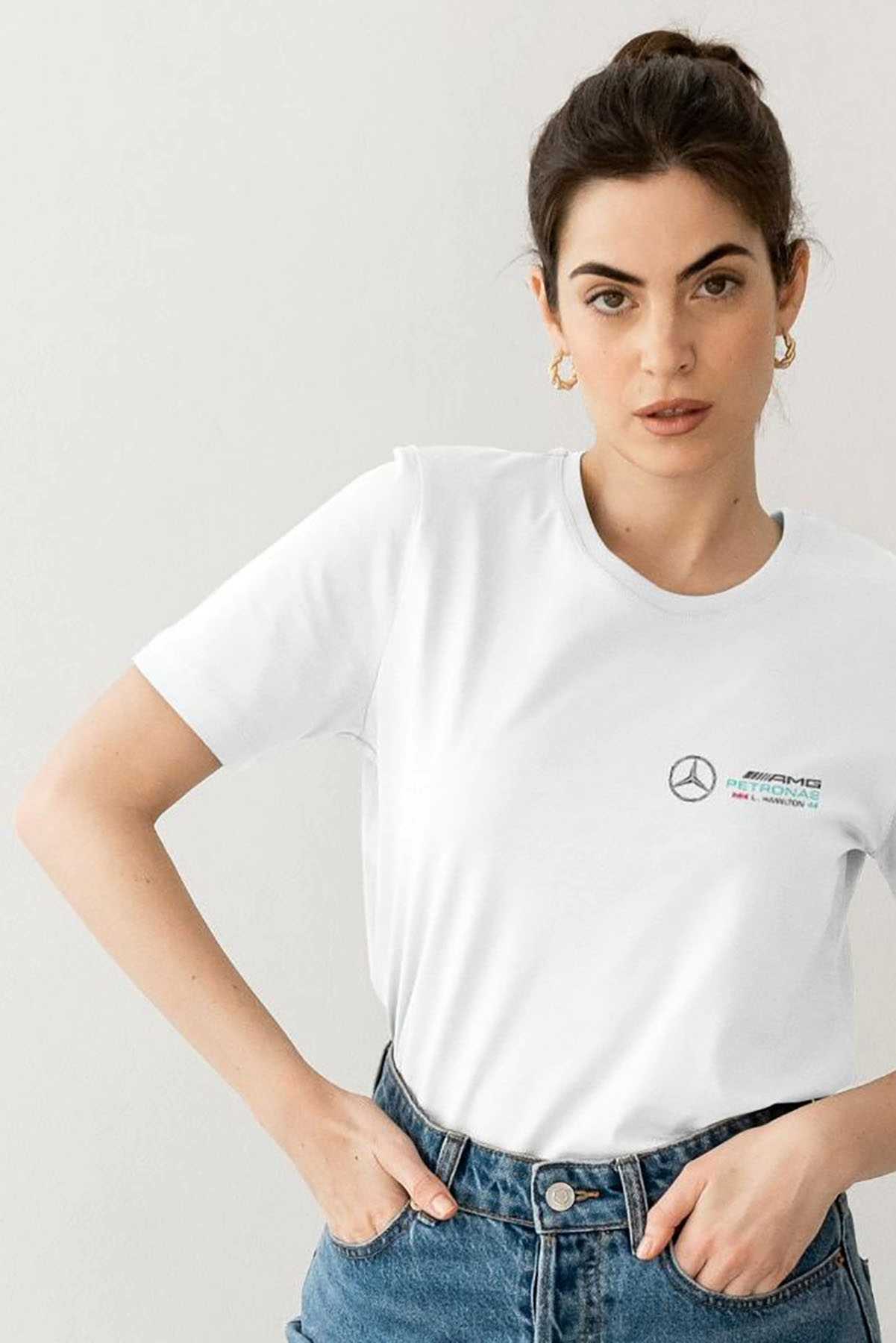 Model wearing Utmost Province Lewis Hamilton Mercedes F1 shirt, showcasing the graphic design on the front of the Mercedes F1 merch.