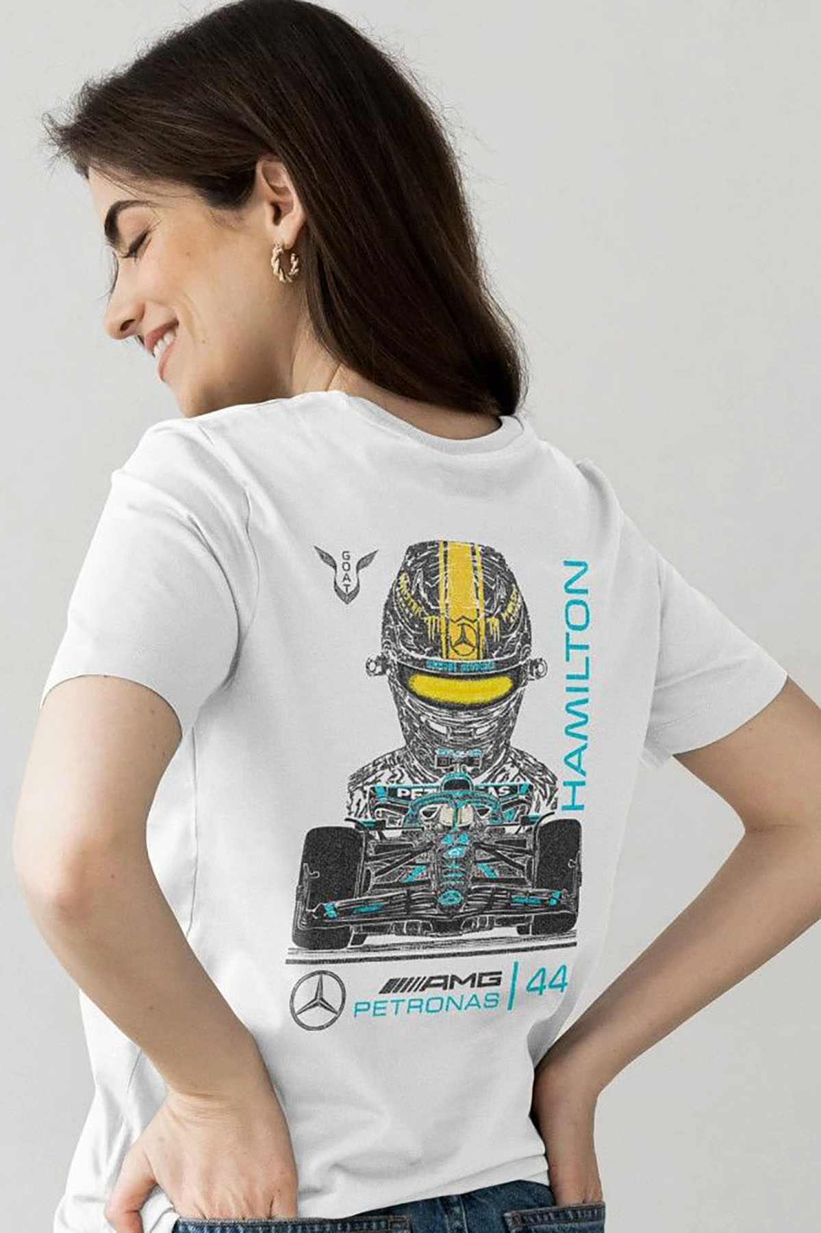 Model wearing Utmost Province Lewis Hamilton Mercedes F1 shirt, showcasing the graphic design on the back of the Mercedes F1 merch.