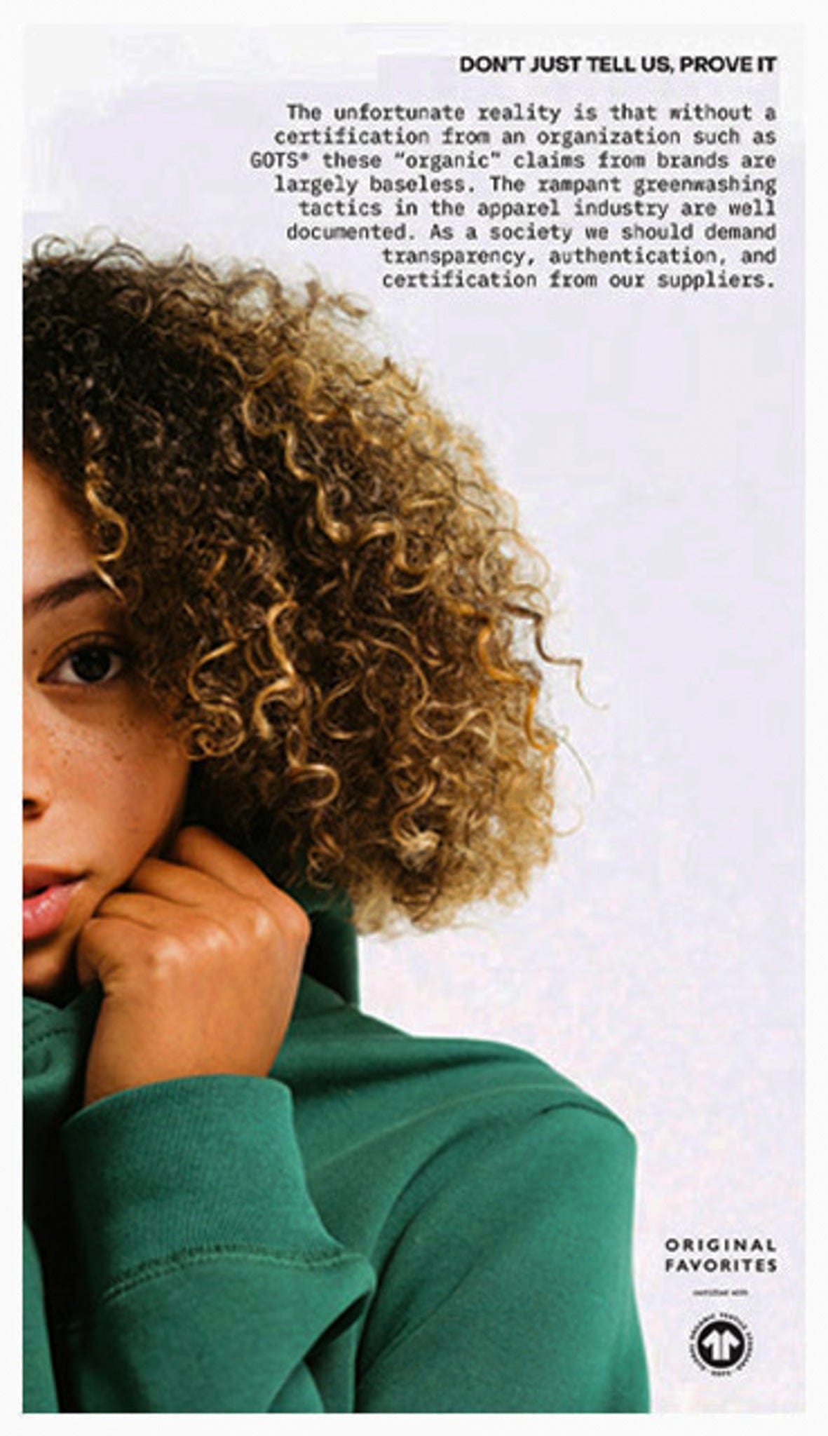 Original Favorites transparency and authenticity info graph, with a model wearing one of their Heavyweight Organic cotton hoodies.