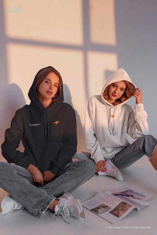 Two models wearing luxury hoodies inspired by F1 racing, showcasing Utmost Province's Organic Cotton Hoodies collection.