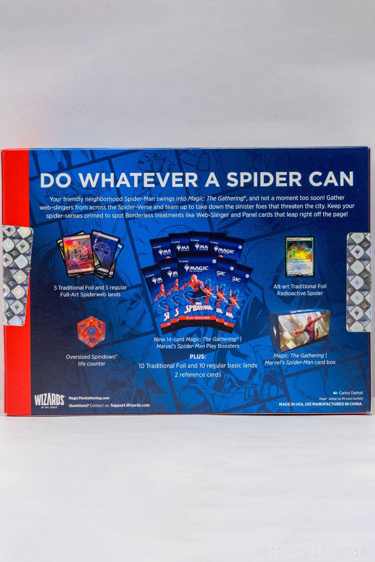 Back of a factory sealed Magic The Gathering Spider-Man bundle box, highlighting what come inside each box.