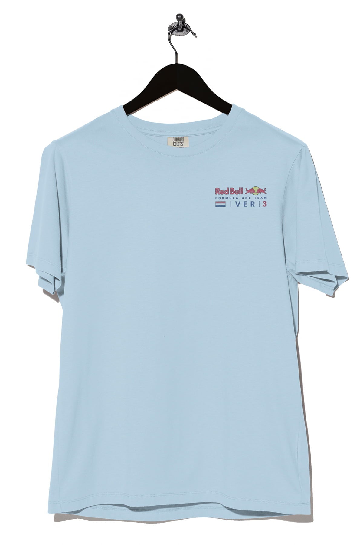 Front view of Utmost Province Red Bull F1 inspired t shirt, highlighting the design on the front of a chambray Comfort Colors cotton tee.