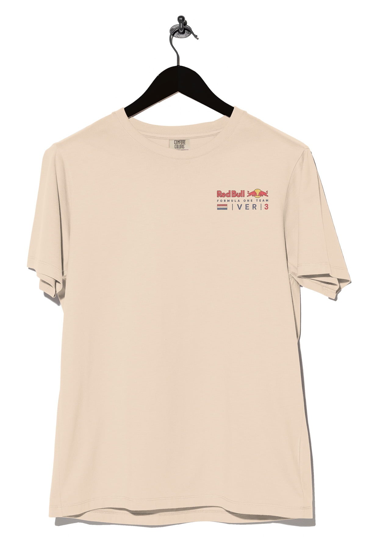 Front view of a Max inspired Red Bull Racing shirt by Utmost Province, showcasing the design on the front of a ivory Comfort Colors garment-dyed t-shirt.