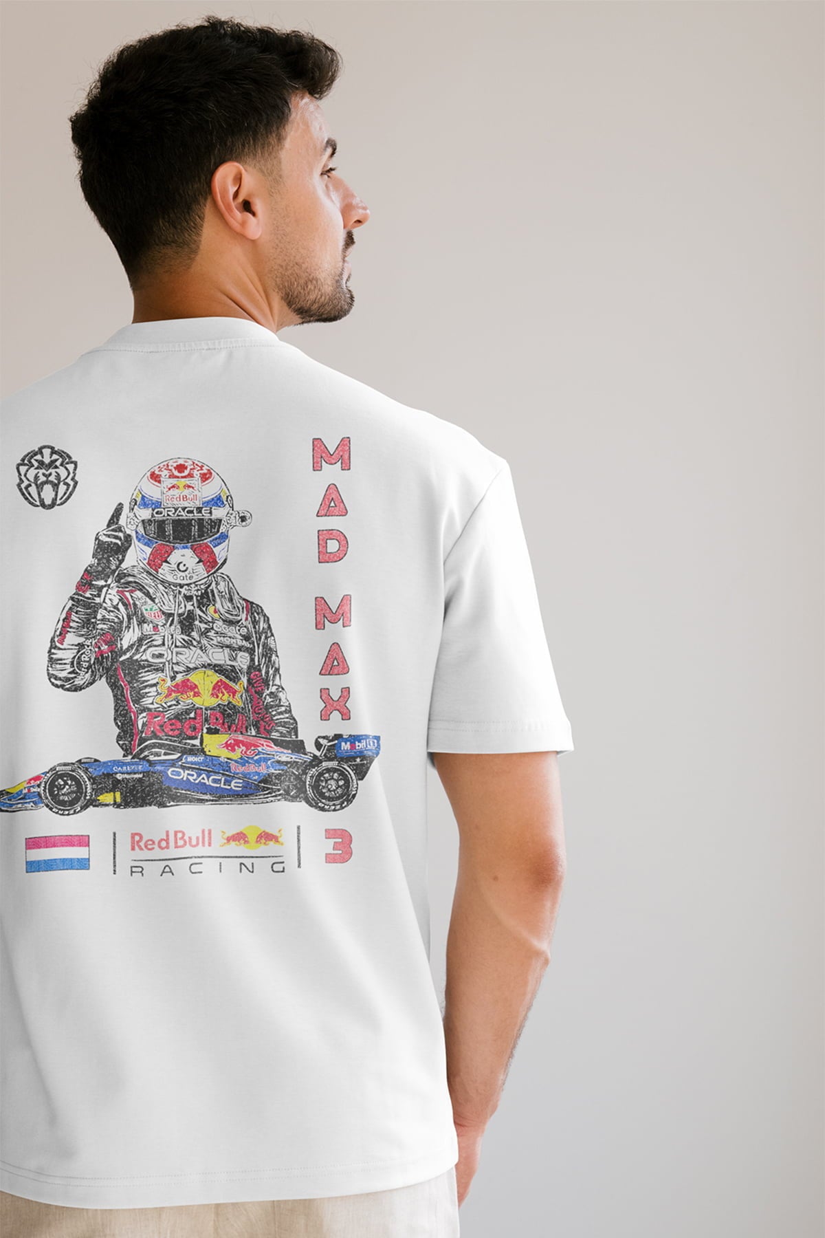 Model wearing a custom Red Bull Racing t shirt, featuring a Utmost Province original graphic design on the back of a white cotton tee.