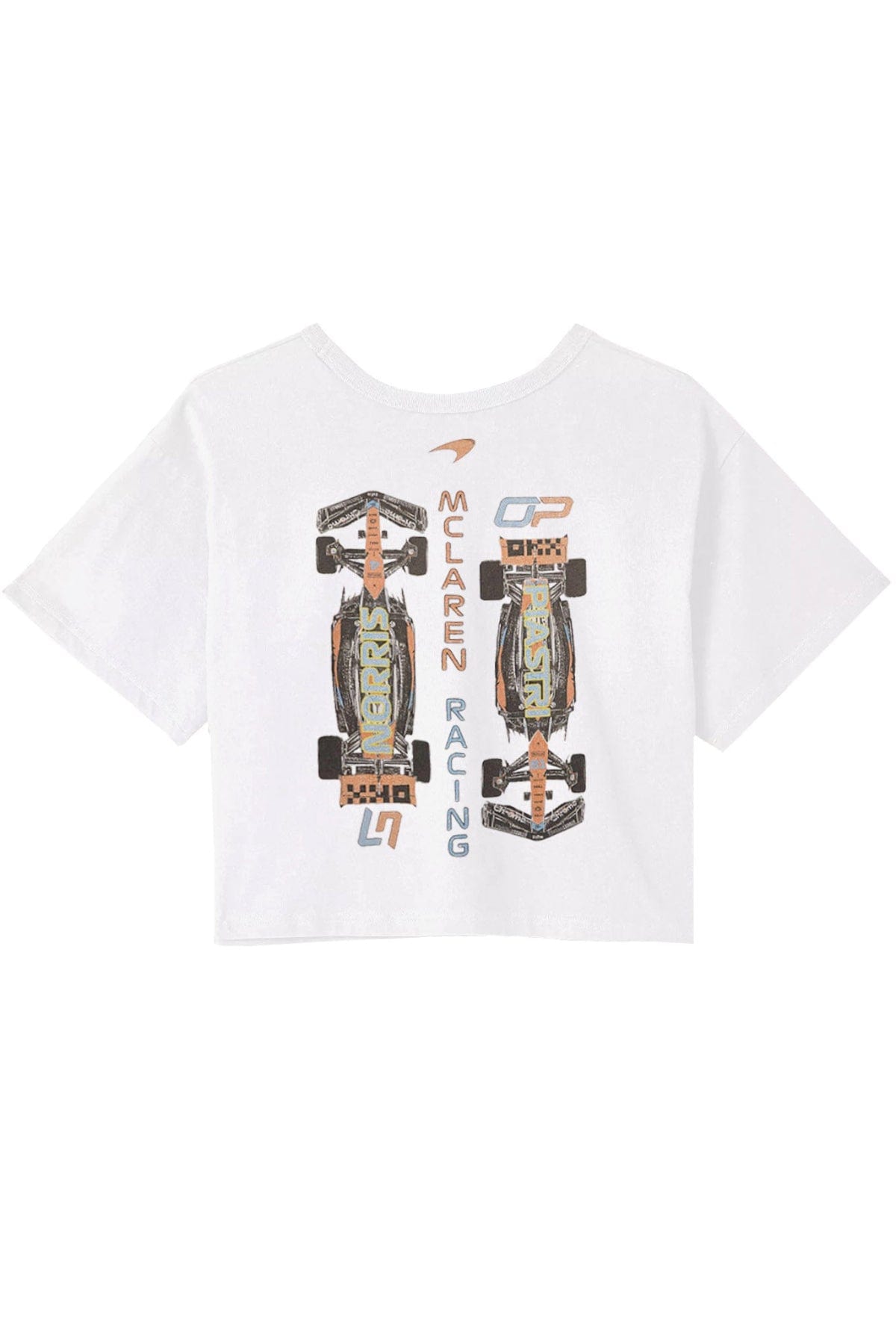 Back of a white croptop shirt, featuring Utmost Province custom Mclaren F1 inspired graphic design.