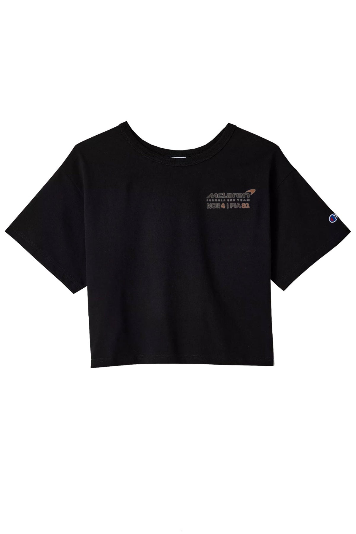 Front of a black Mclaren crop top shirt, made by Utmost Province®.