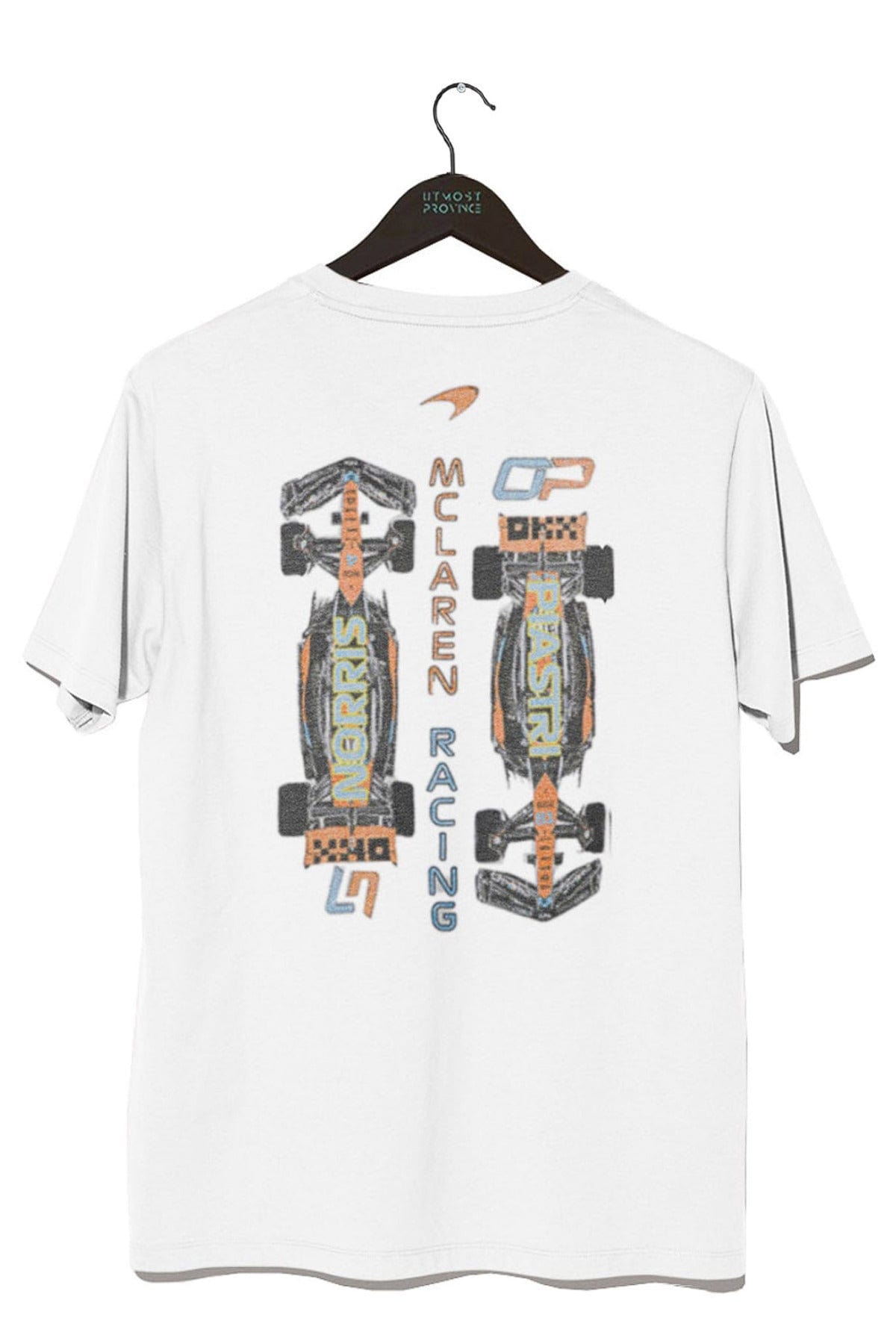 Back of a white custom Mclaren F1 shirt, featuring Utmost Province unique graphic design.