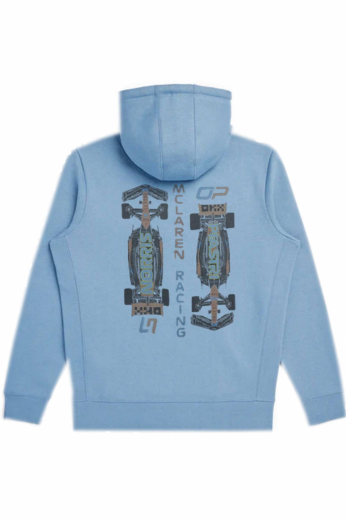 Back of a cloudy blue Mclaren F1 hoodie, designed by Utmost Province.
