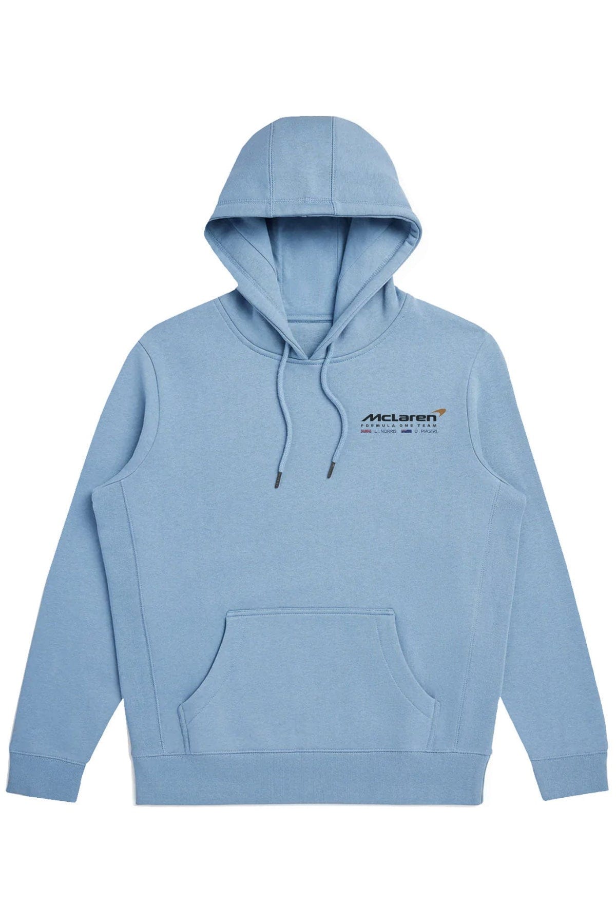 Front of a blue hoodie featuring Utmost Province's custom Mclaren F1 team logo.