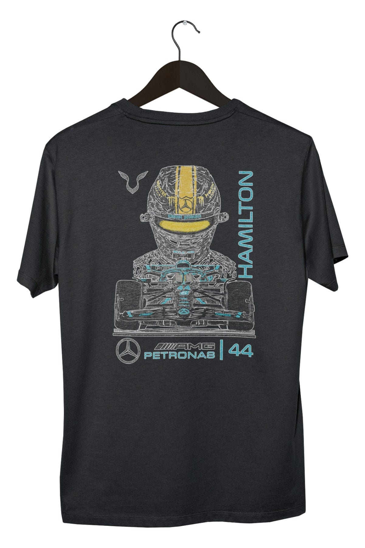 Black Mercedes F1 Lewis Hamilton T Shirt on a black hanger with a white background.