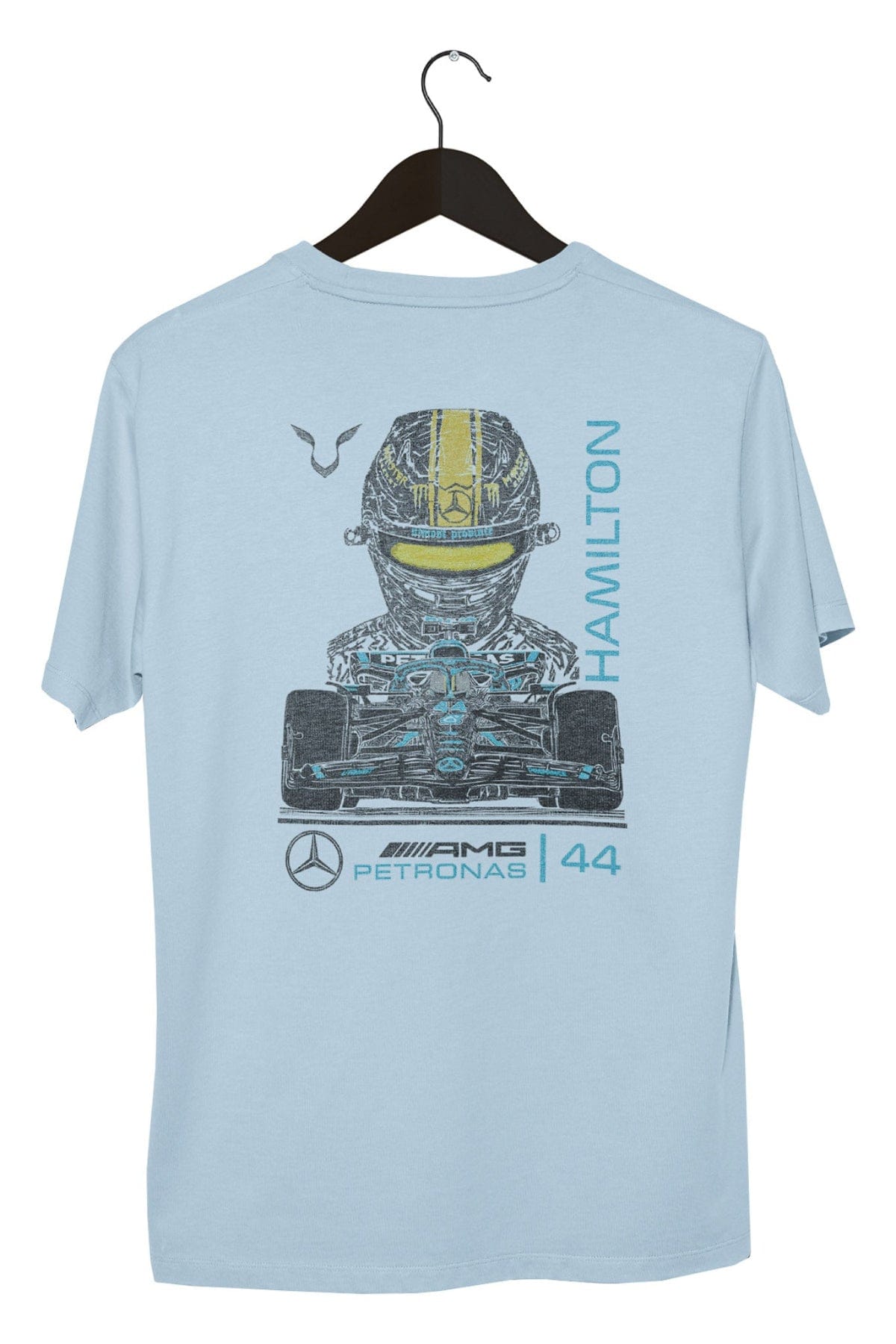 Chambray Mercedes F1 Lewis Hamilton T Shirt on a black hanger with a white background.
