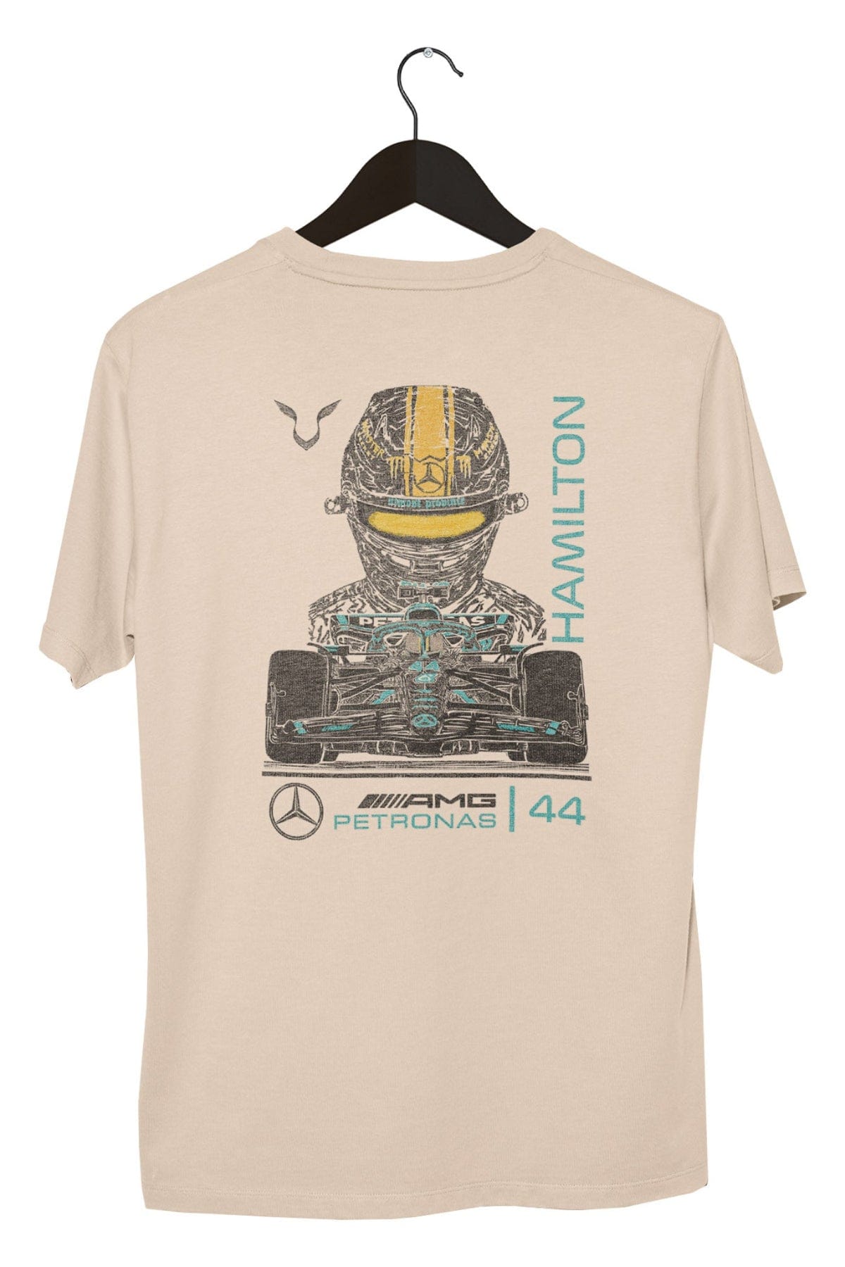 Ivory Mercedes F1 Lewis Hamilton T Shirt on a black hanger with a white background.