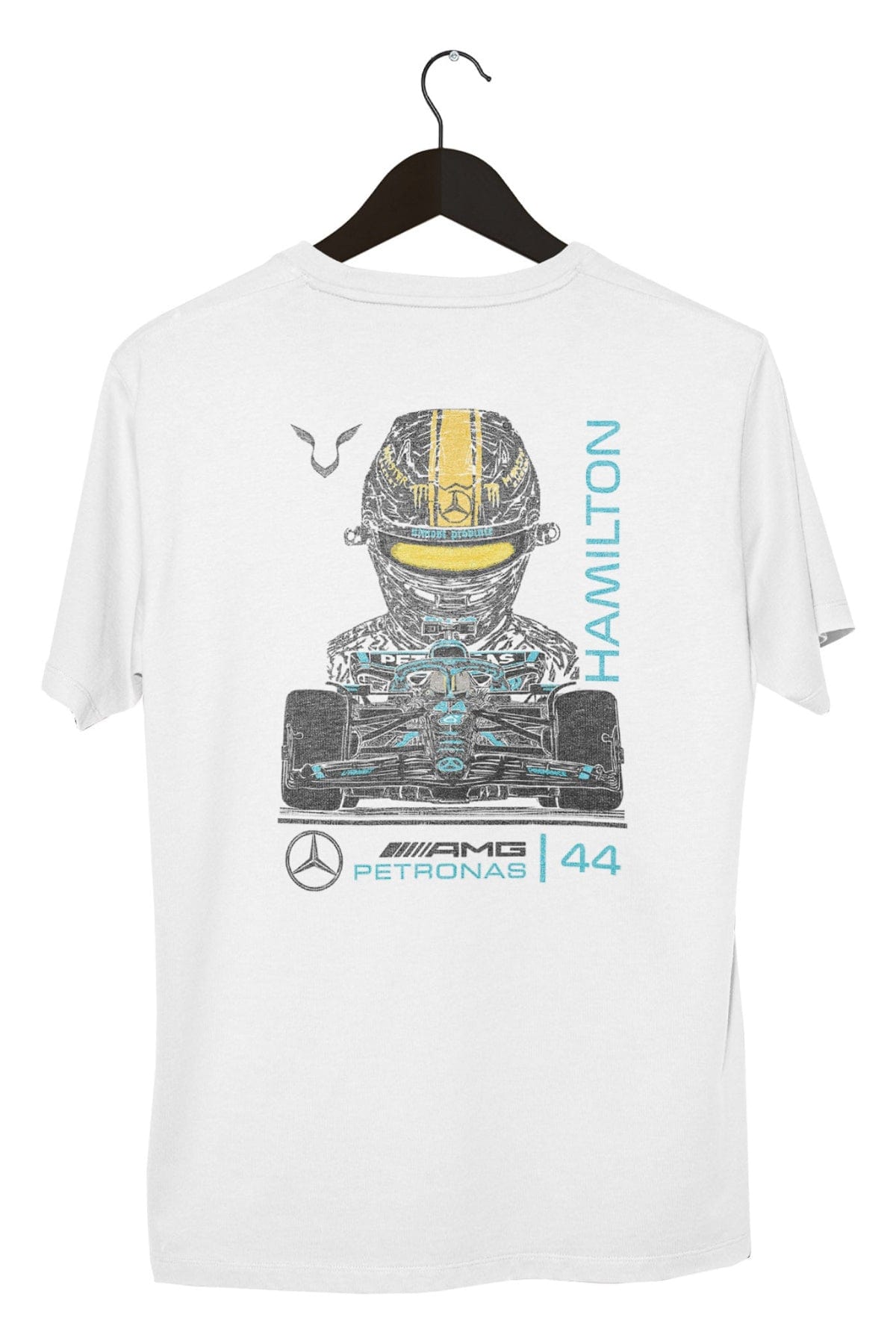 White Mercedes F1 Lewis Hamilton T Shirt on a black hanger with a white background.
