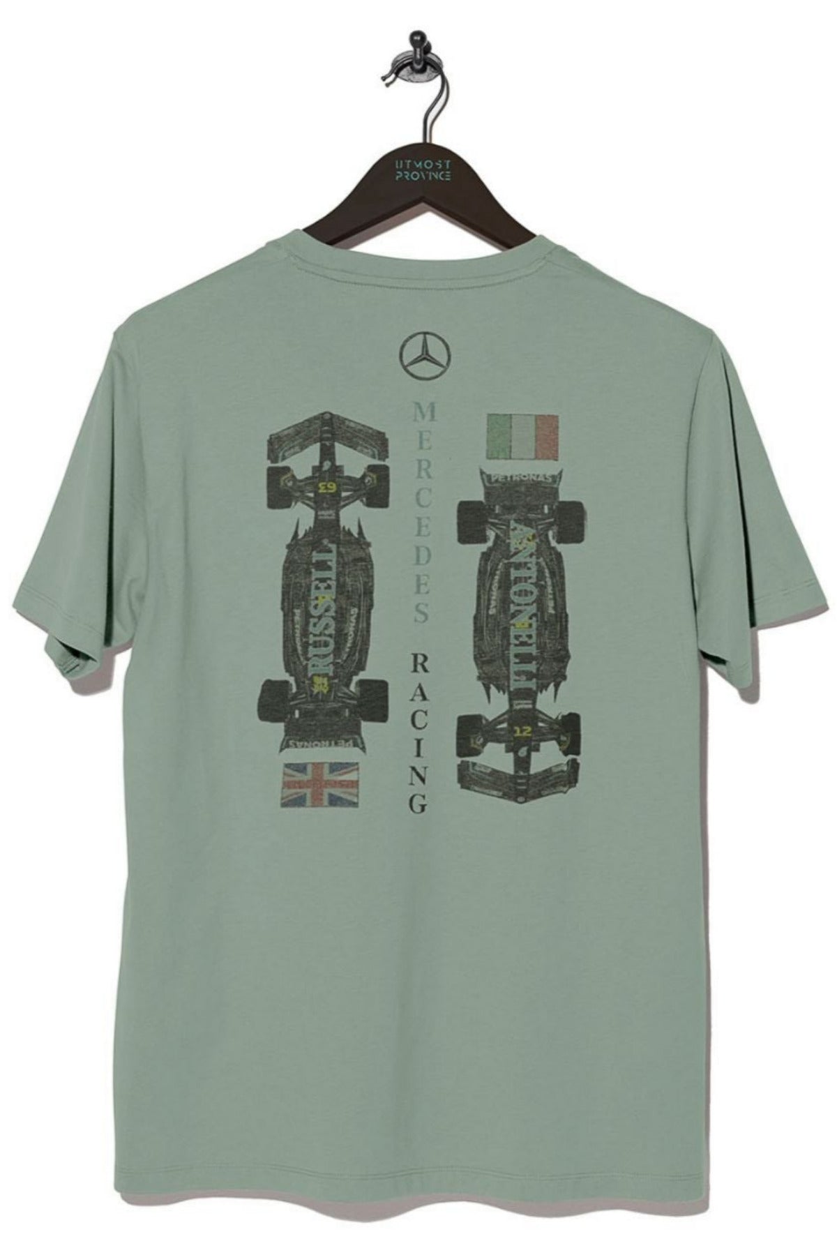 Back of a Bay Comfort Colors shirt, featuring Utmost Province custom Mercedes F1-inspired graphic design.