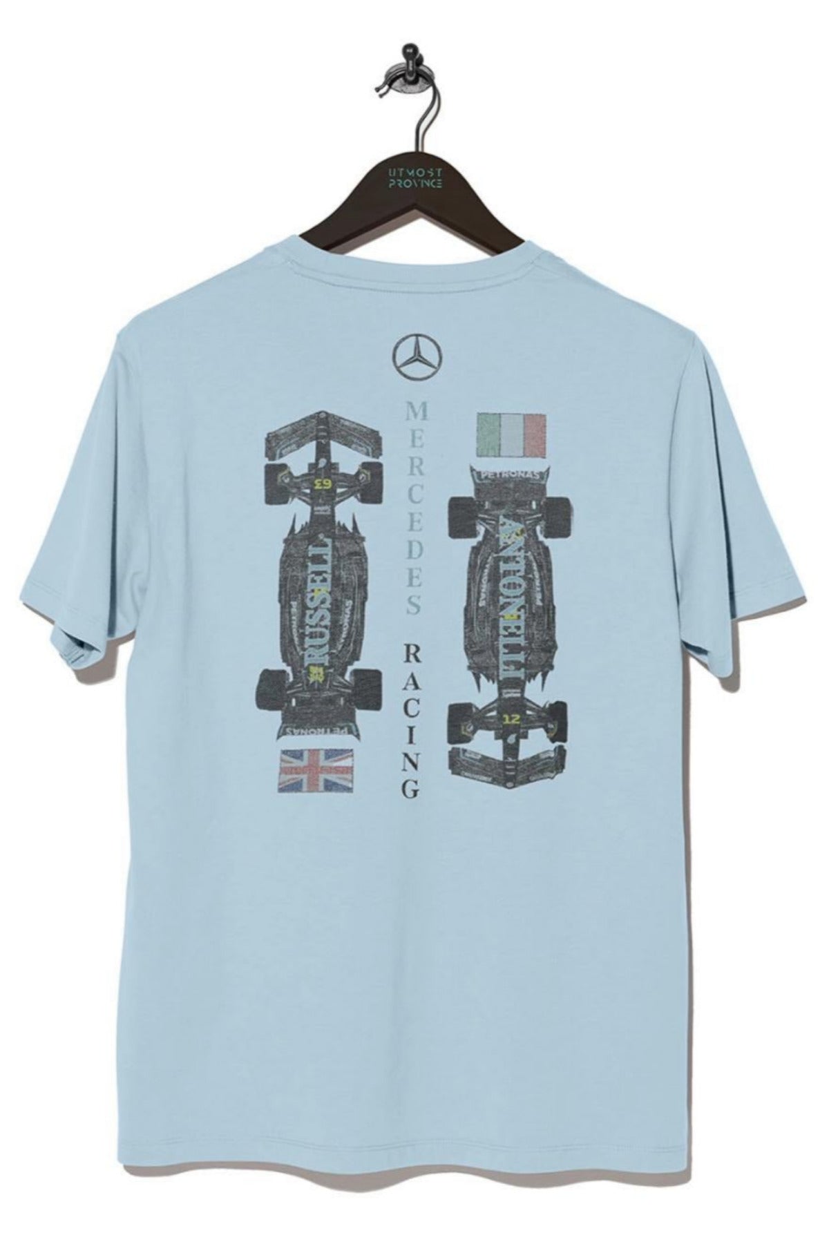 Back of a Chambray Comfort Colors t-shirt, showcasing Utmost Province custom Mercedes F1 graphic design.