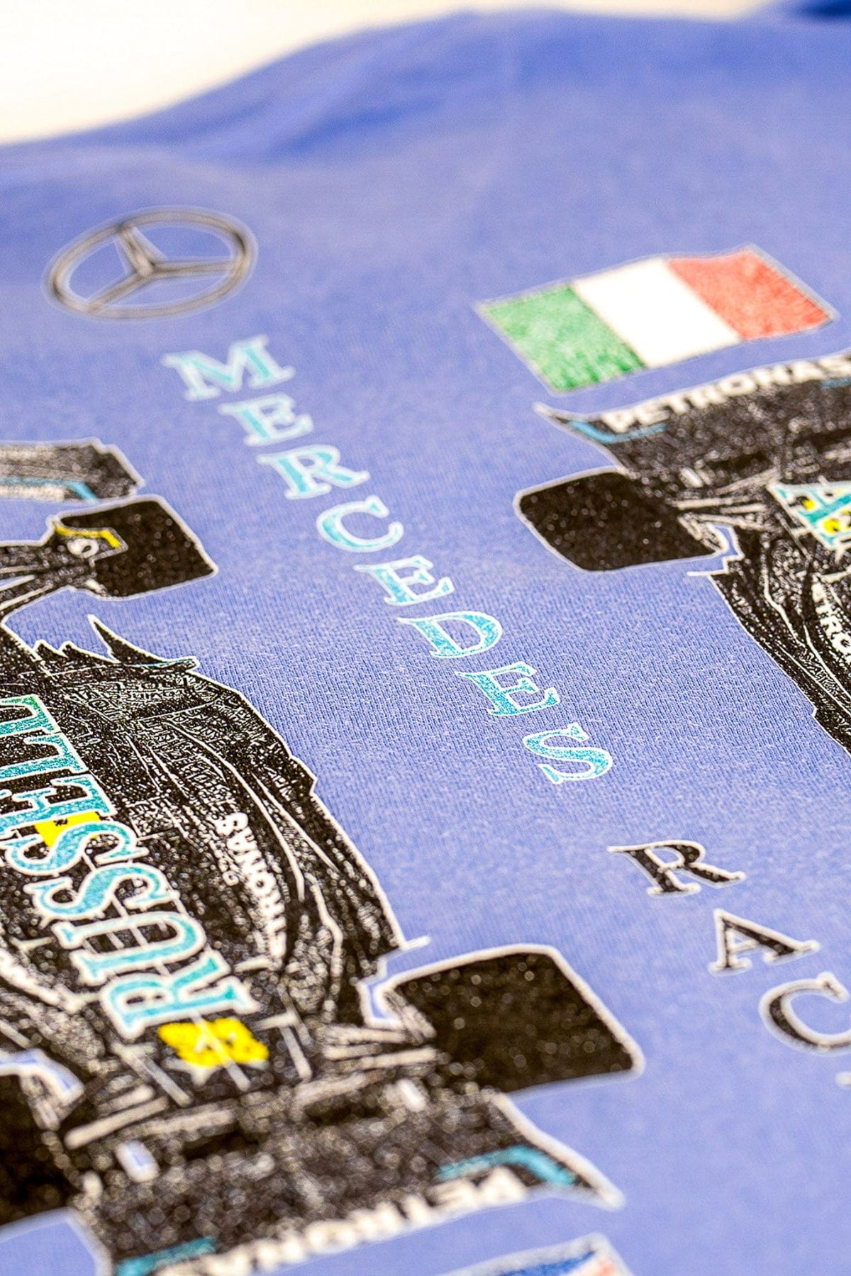 Close up of the back of Utmost Province custom Mercedes F1 shirt.