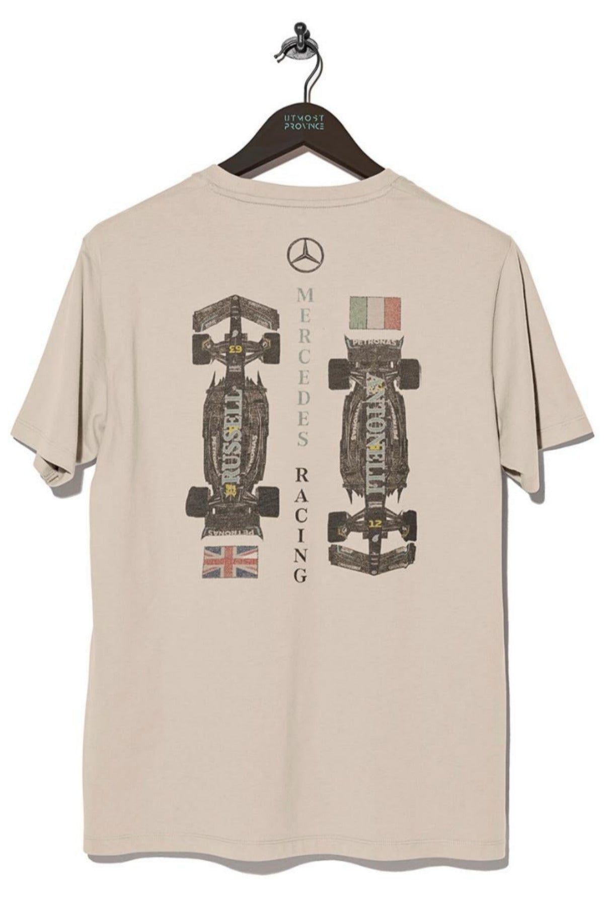 Back of a Ivory Comfort Colors shirt, featuring Utmost Province custom Mercedes F1 team graphic design.